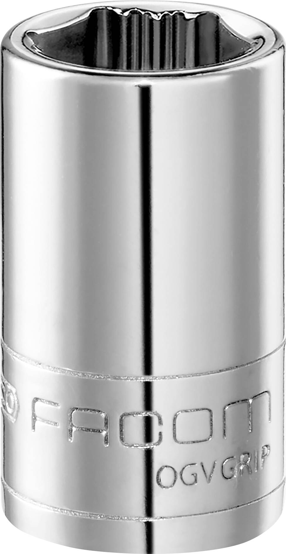 A gleaming, cylindrical metal socket attachment with an engraved tool brand logo.
