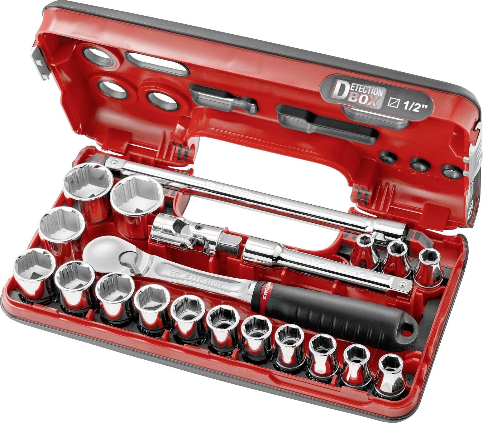 Red socket wrench set with multiple sockets and ratchet, opened, showing various tools for mechanical use.
