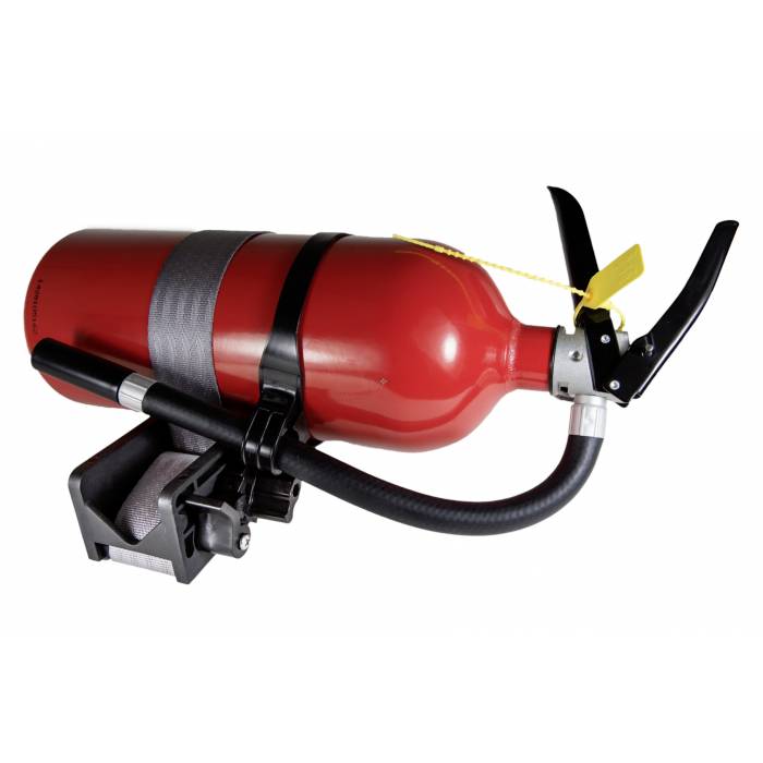 A red fire extinguisher with a black hose and safety lock, ready for wall mounting, on a white background.