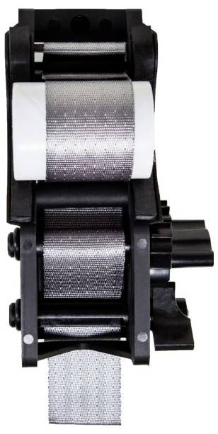 A black seat belt buckle with a rolled-out silver belt strap, used for securing passengers in vehicles.