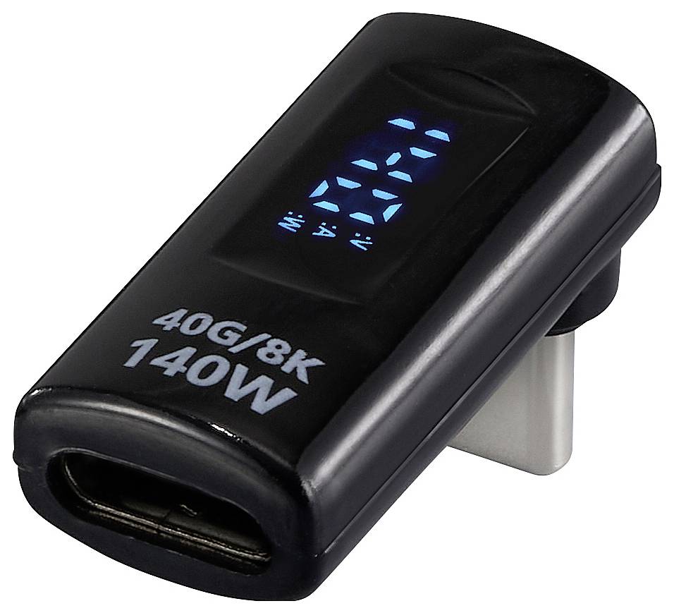 A black USB-C power adapter with a digital display showing charging status. Text '40G/8K 140W' is printed on the side.