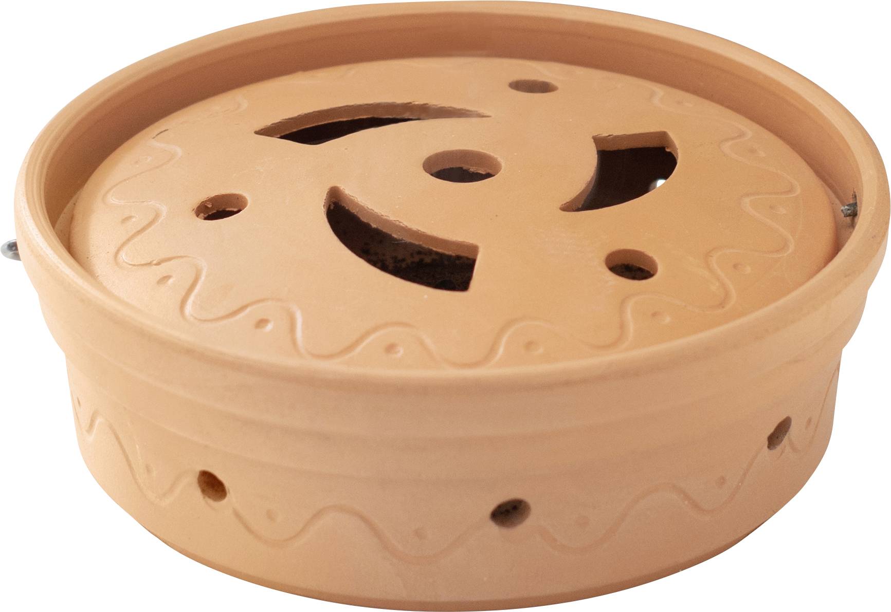 A round, brown clay pot with decorative holes and a wavy pattern on the sides. Primarily suitable for ventilation.