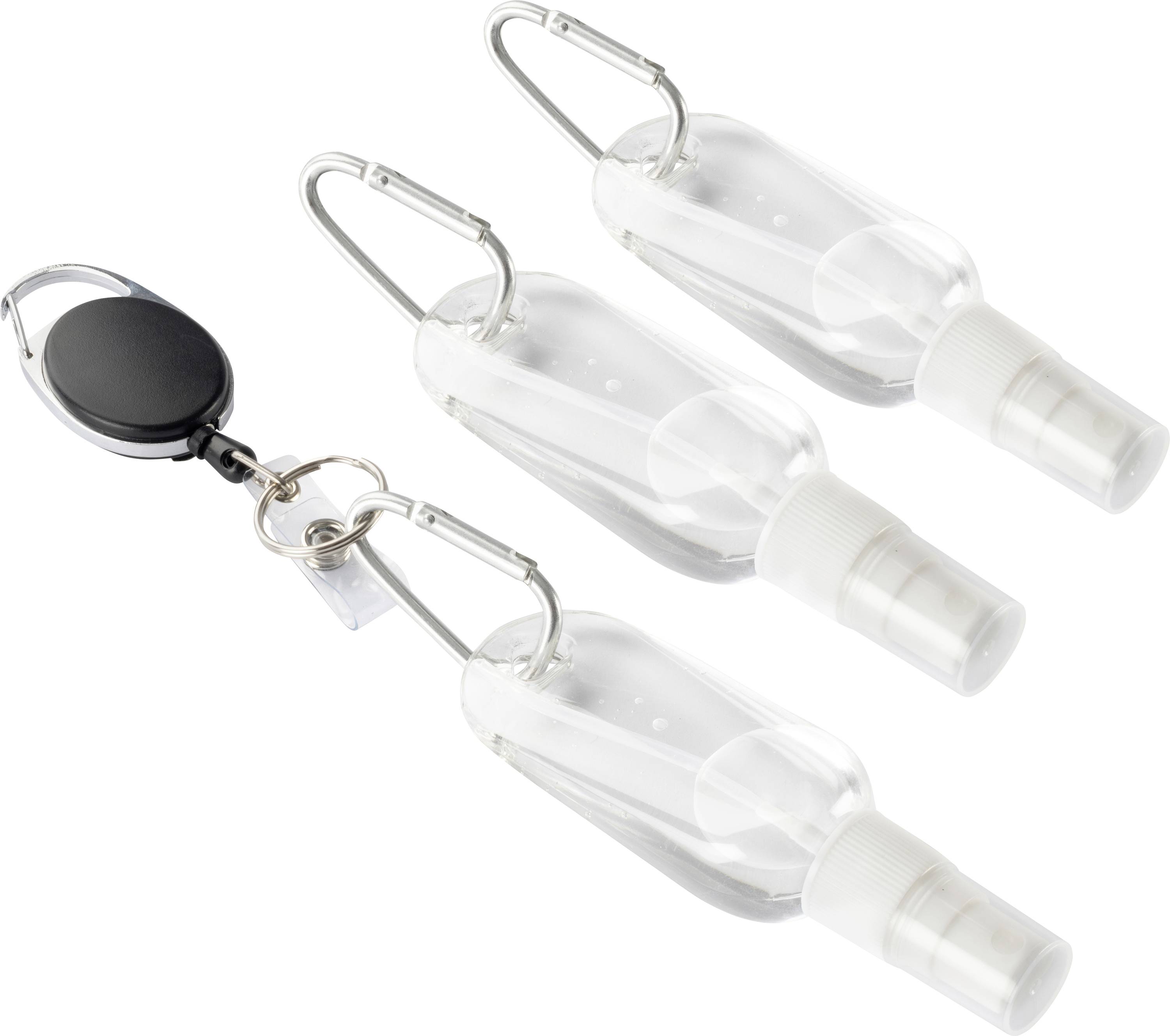 Three transparent hand sanitiser bottles with carabiners and a black keyring, made portable.