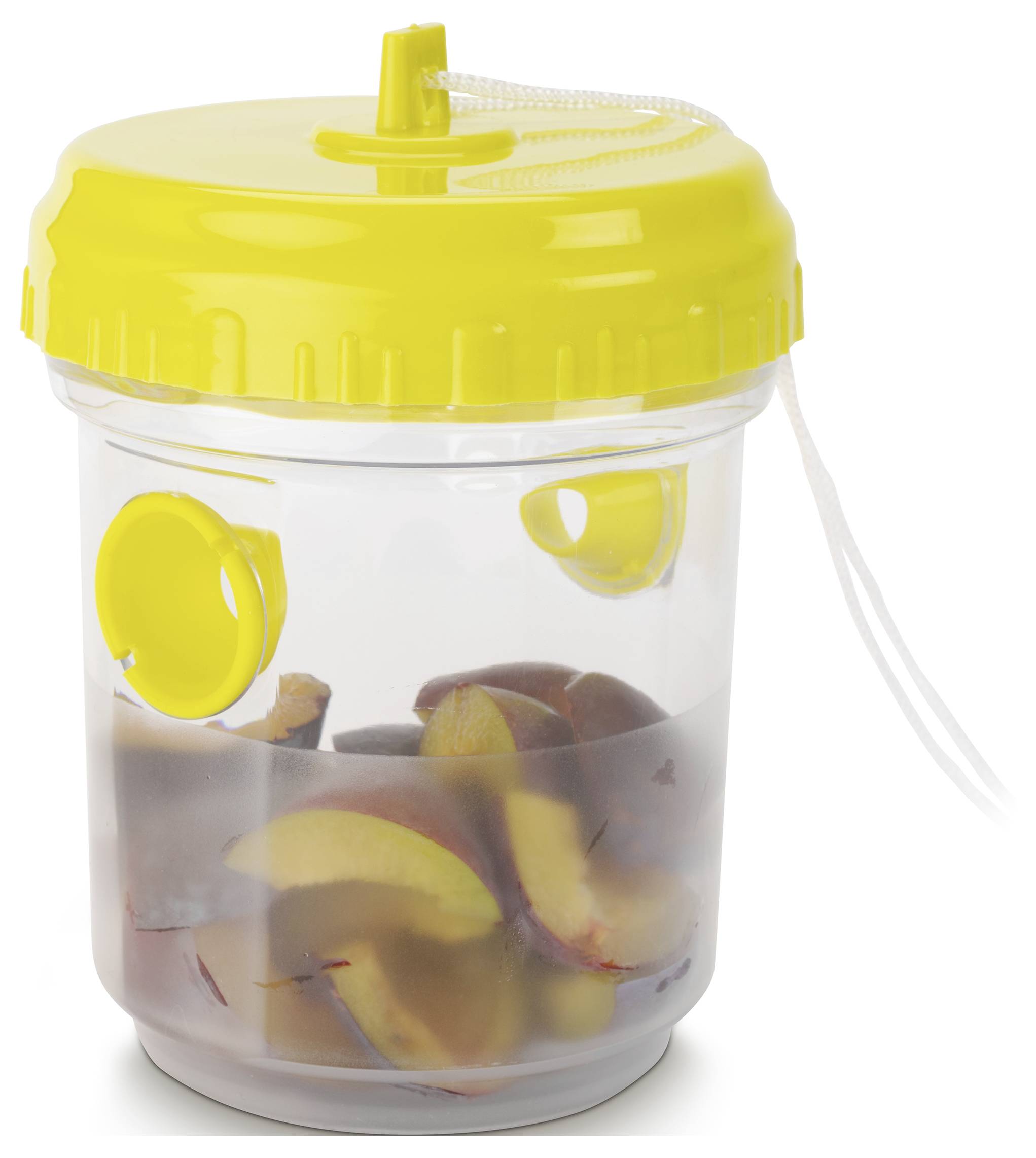 A transparent plastic container with a yellow lid, filled with chopped apples. A cord is attached to the lid.
