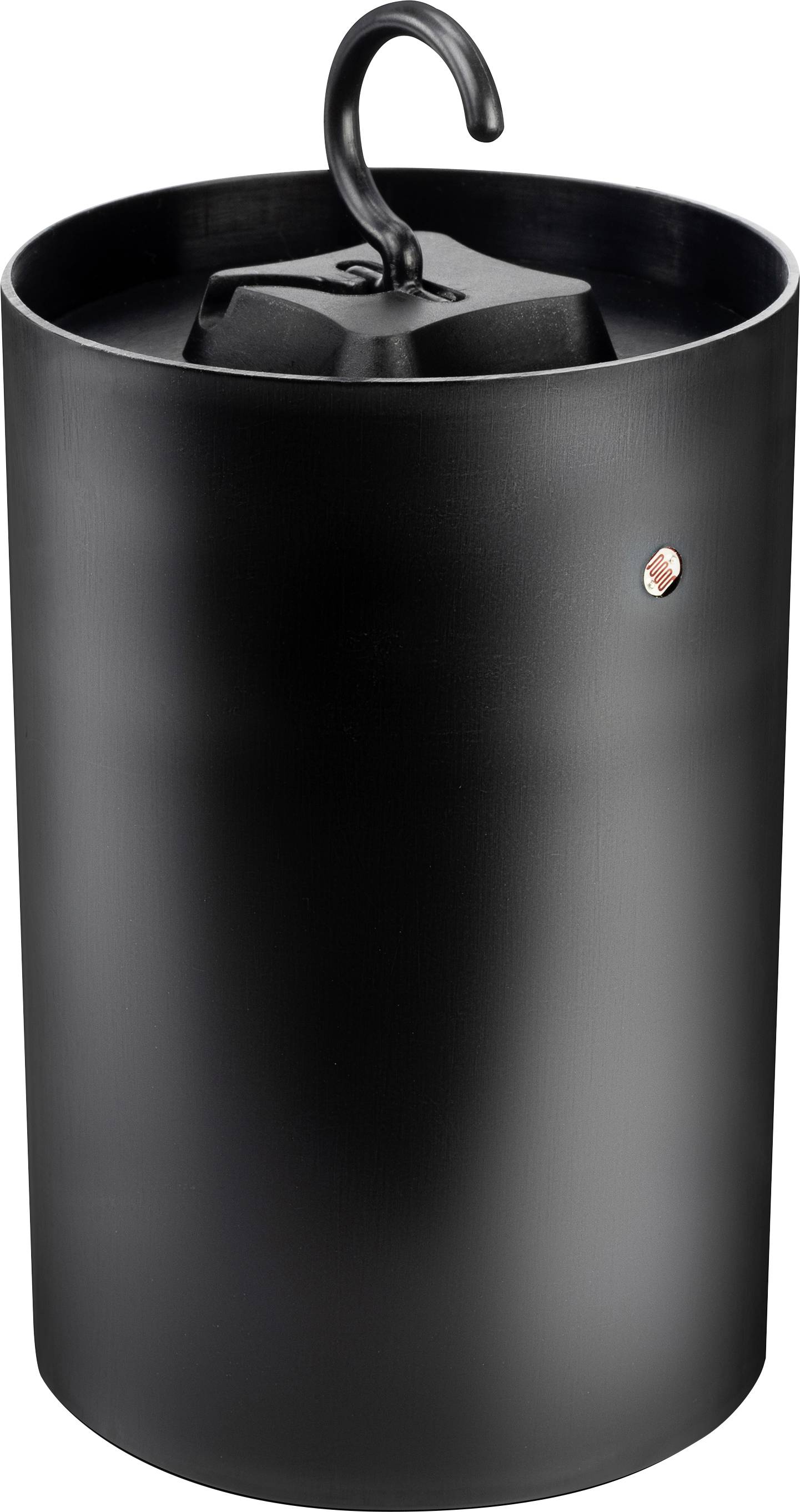 Black top hat with removable lid and hook on top.