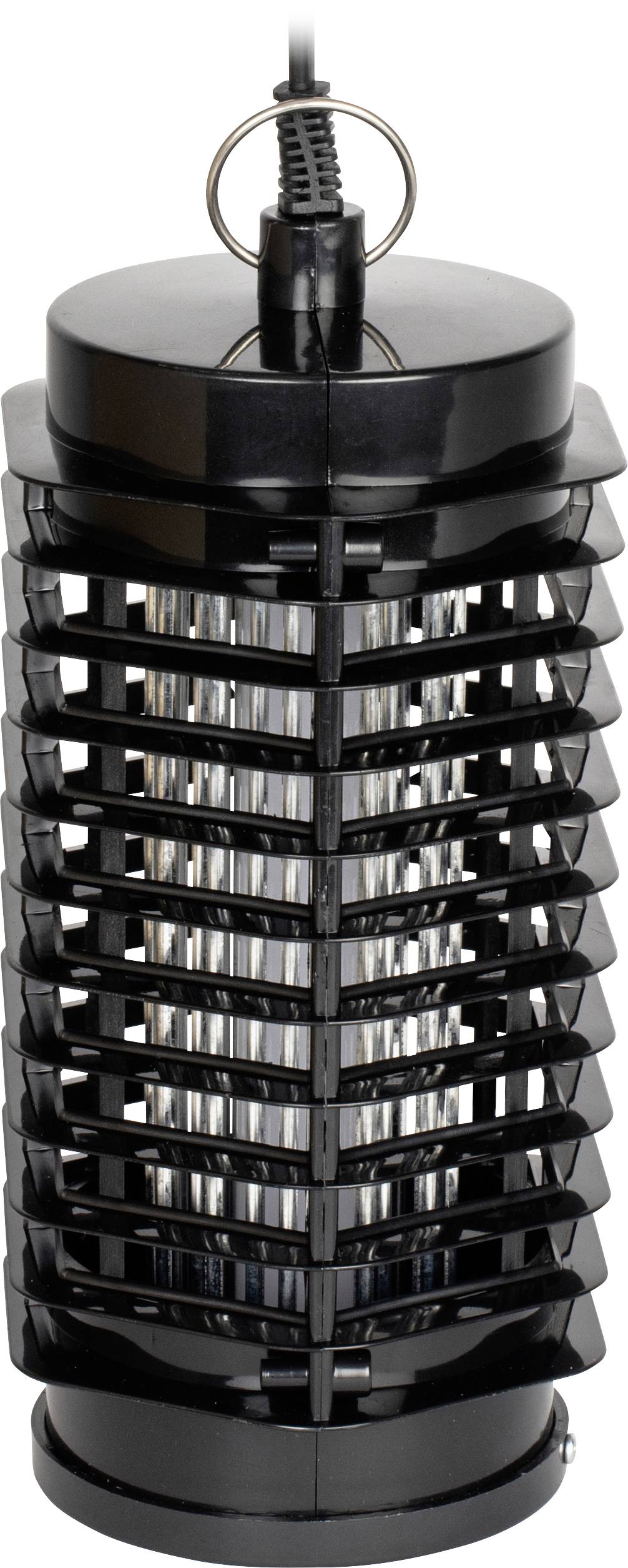 Electric insect trap in a cylindrical form with a black lattice design.