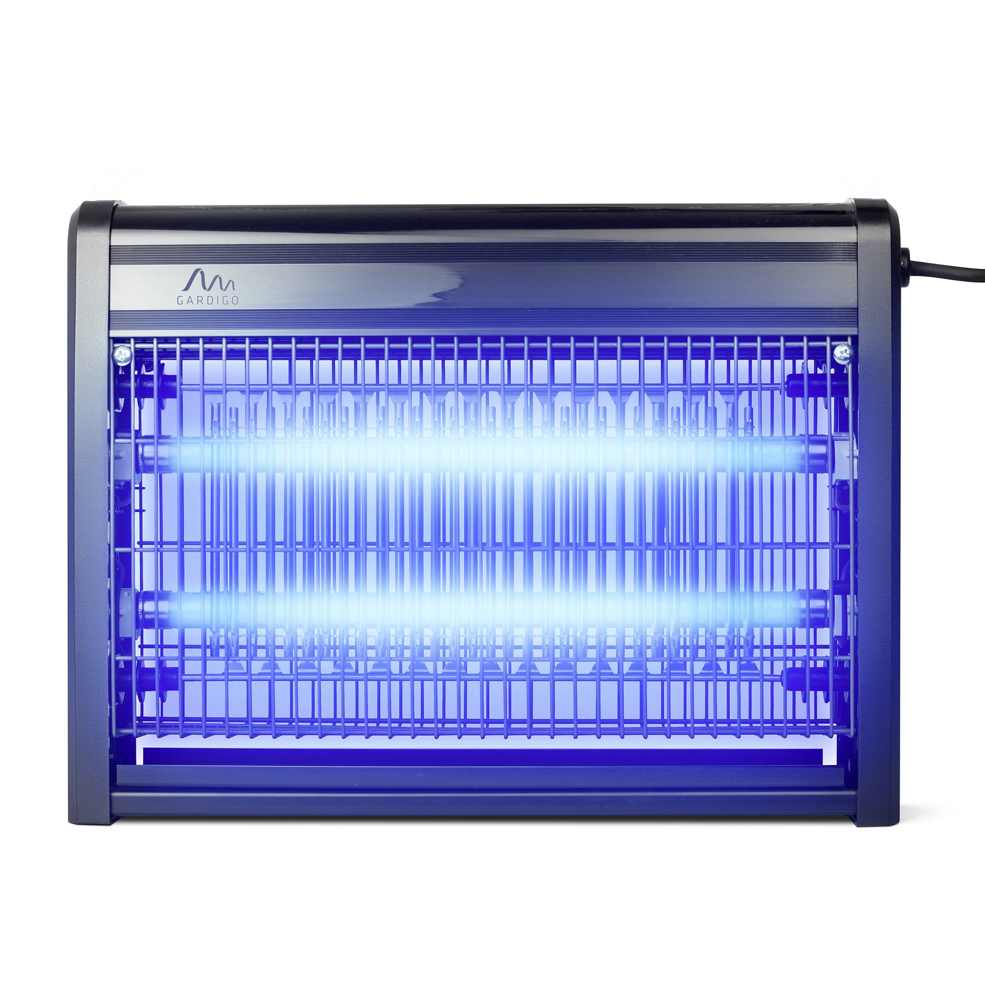 Electric insect killer with glowing blue tubes, surrounded by a protective grid, stands on a white surface.
