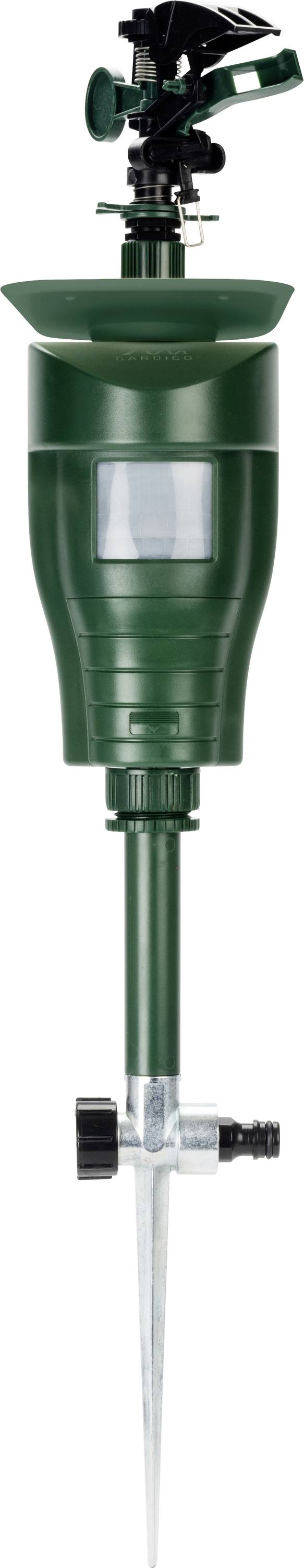 A green automatic garden sprinkler with a rotating head and ground spike for watering lawns or garden beds.