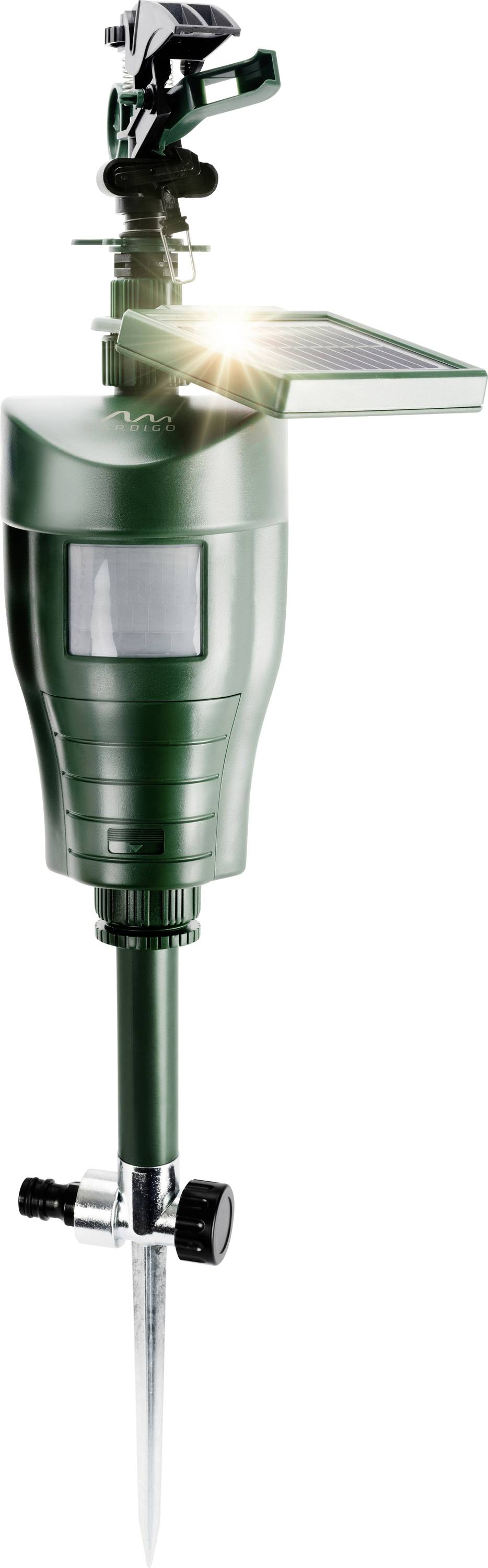 A green device with a solar panel and motion sensor mounted on a metal pole, likely an animal deterrent system, designed for outdoor use.