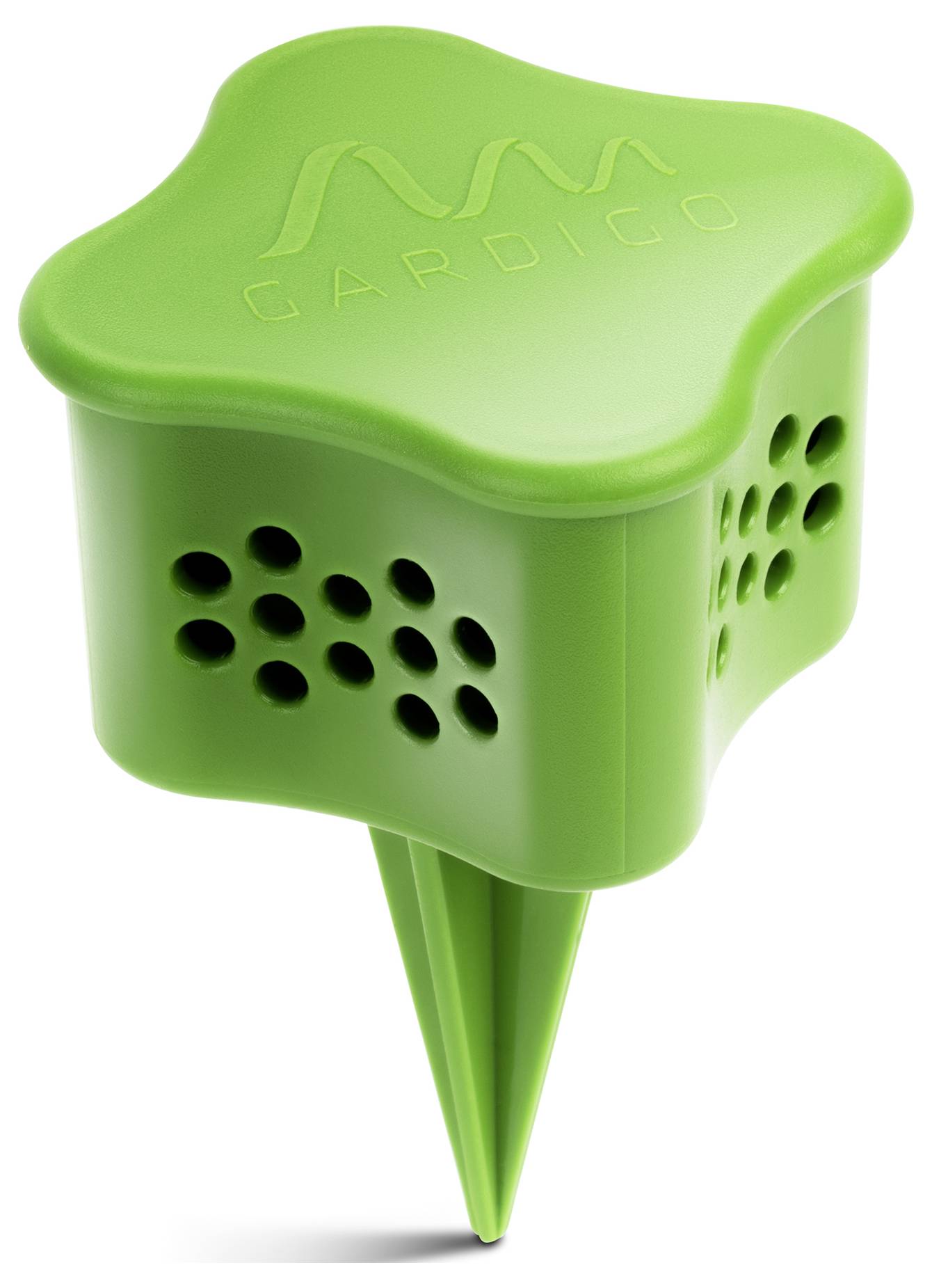 Green, star-shaped insect repellent with ventilation holes and ground spike. 'Gardico' brand engraved on top.