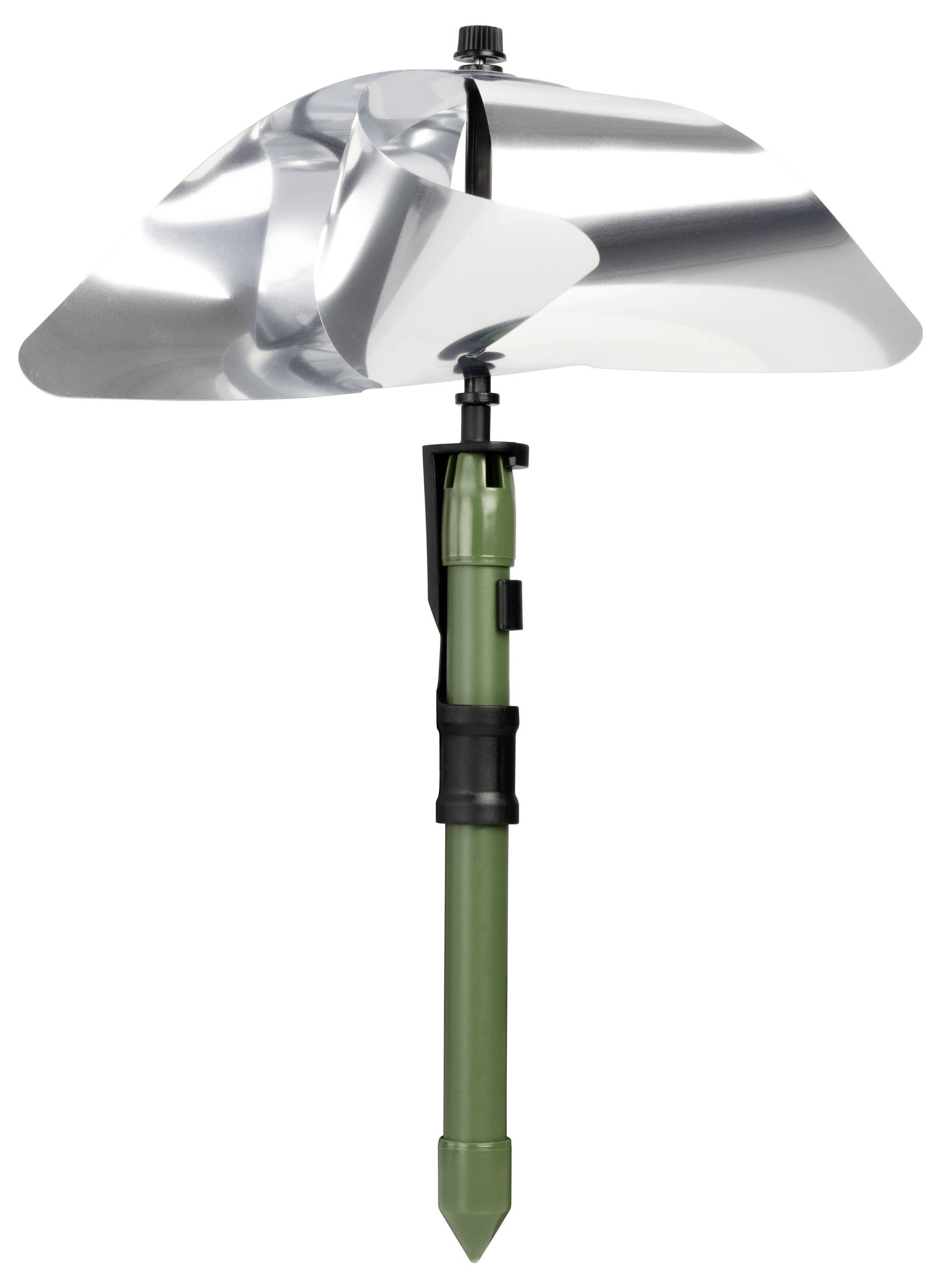 A green garden stake with a silver, propeller-shaped attachment designed to deter animals.