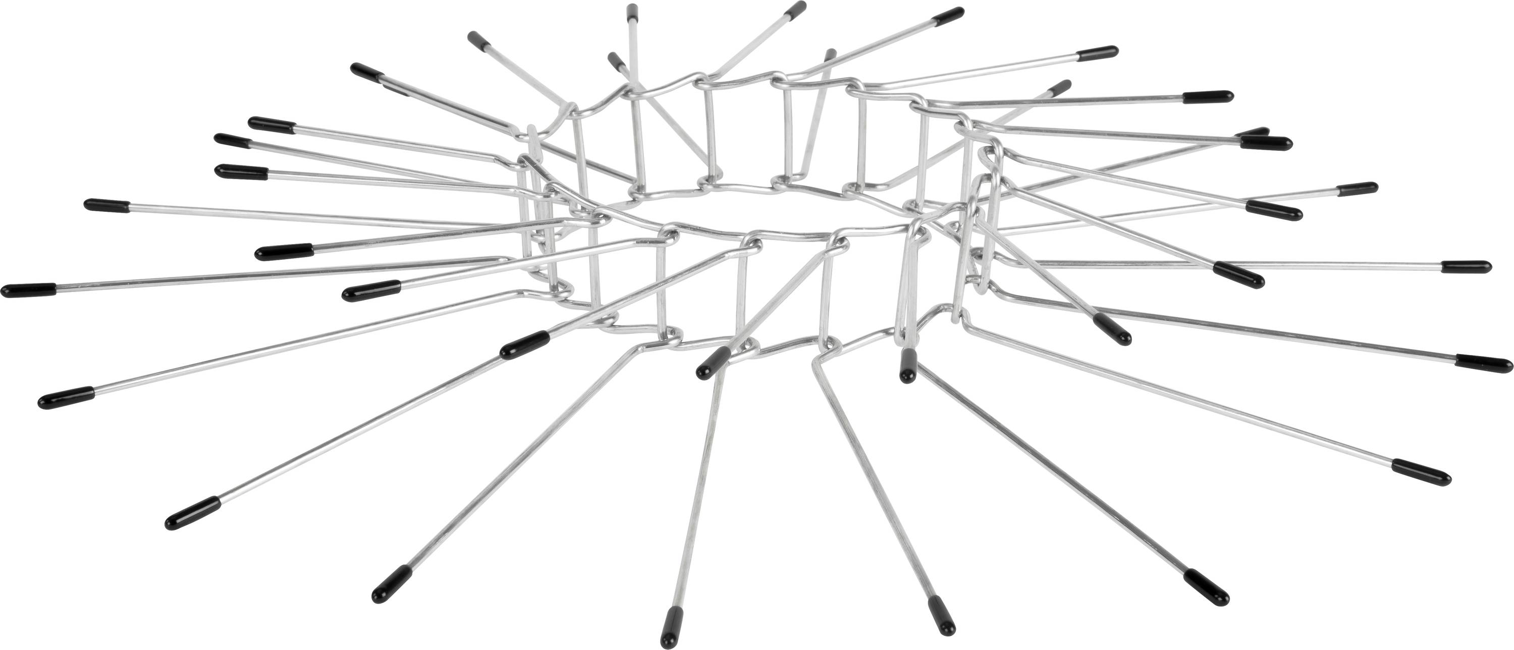 A decorative stand made of metal rods radiating radially from a central ring. The ends of the rods are fitted with black caps.