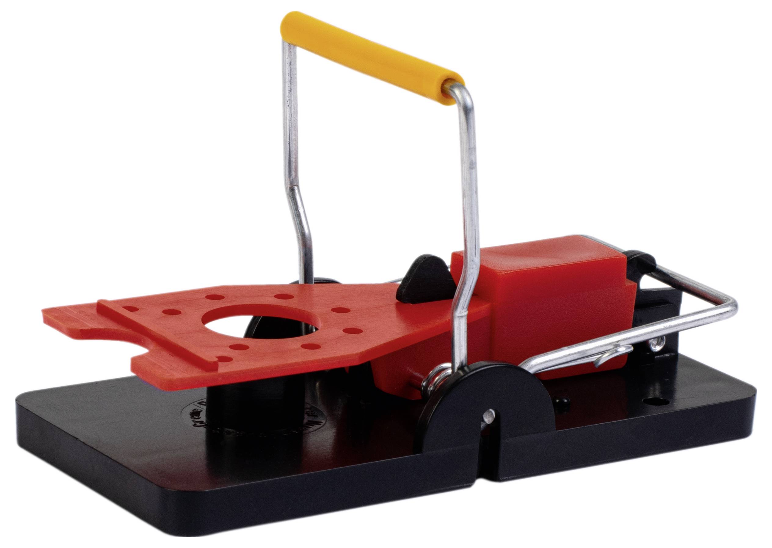 Red and black device with a yellow handle, possibly a tool or appliance standing on a flat base.