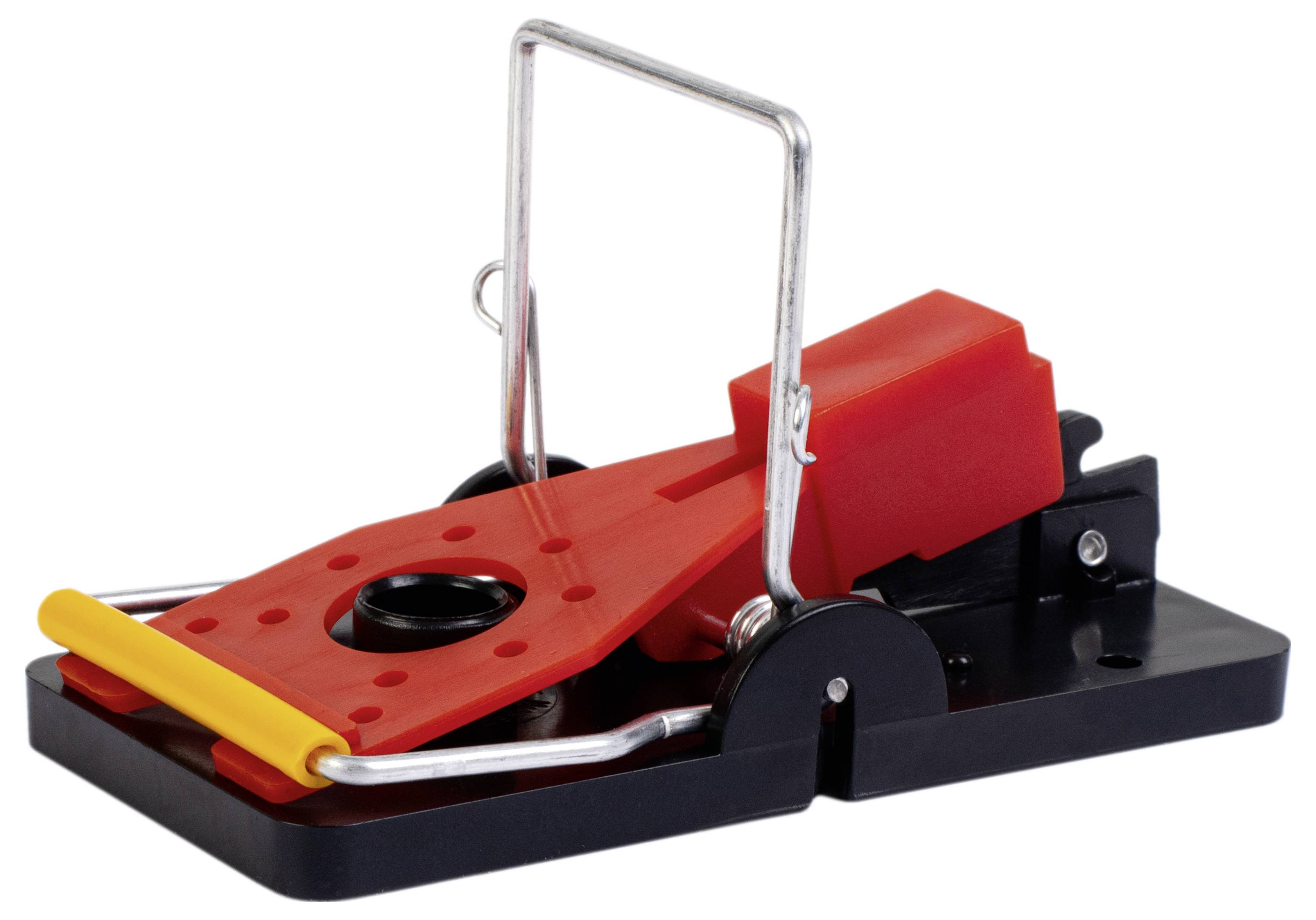 A red and black mousetrap with a metal bar and a yellow safety cover. It is in a set position.