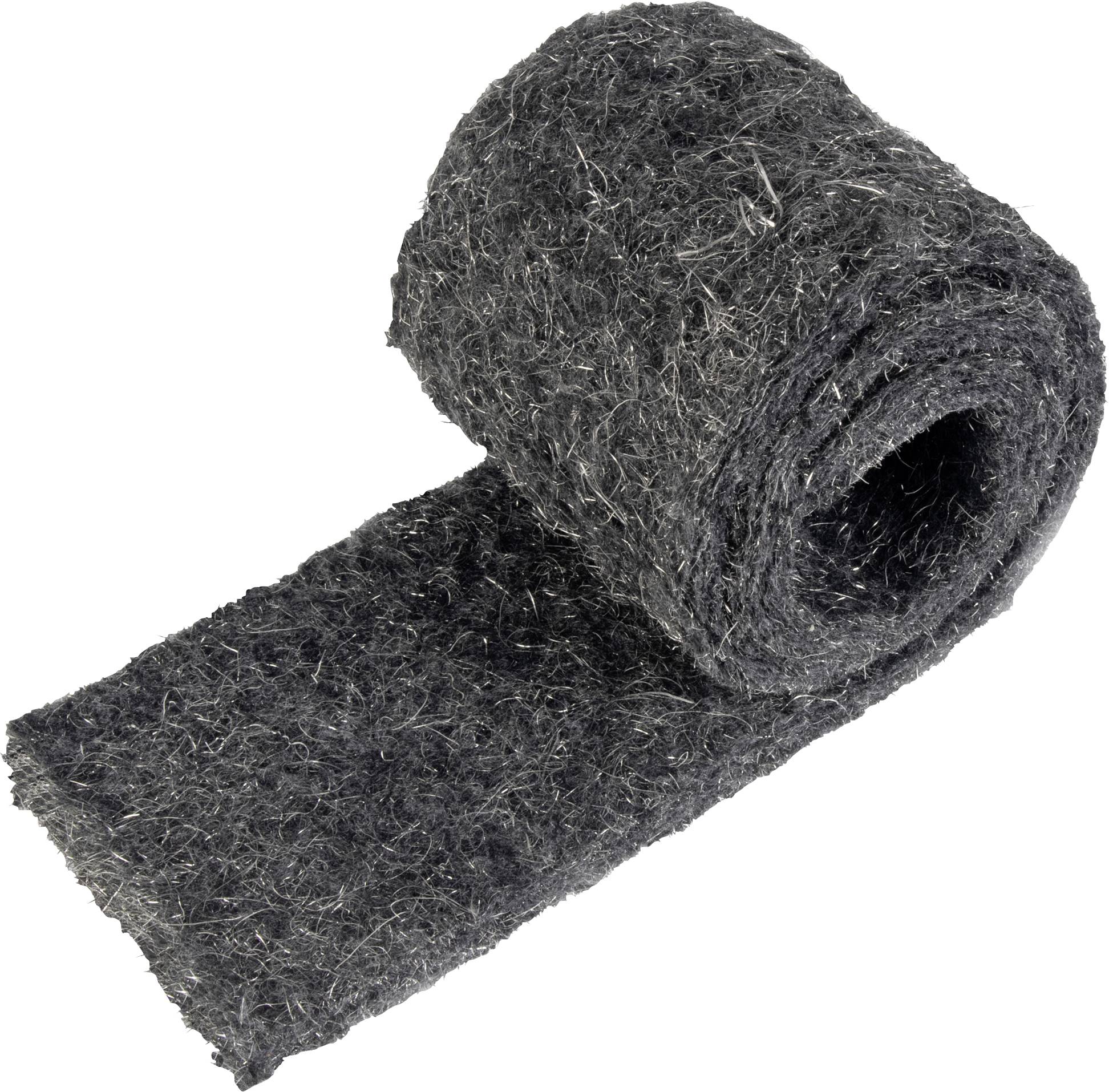A roll of grey-black fleece matting, unrolled, reveals structural details of the material that acts as an insulator.