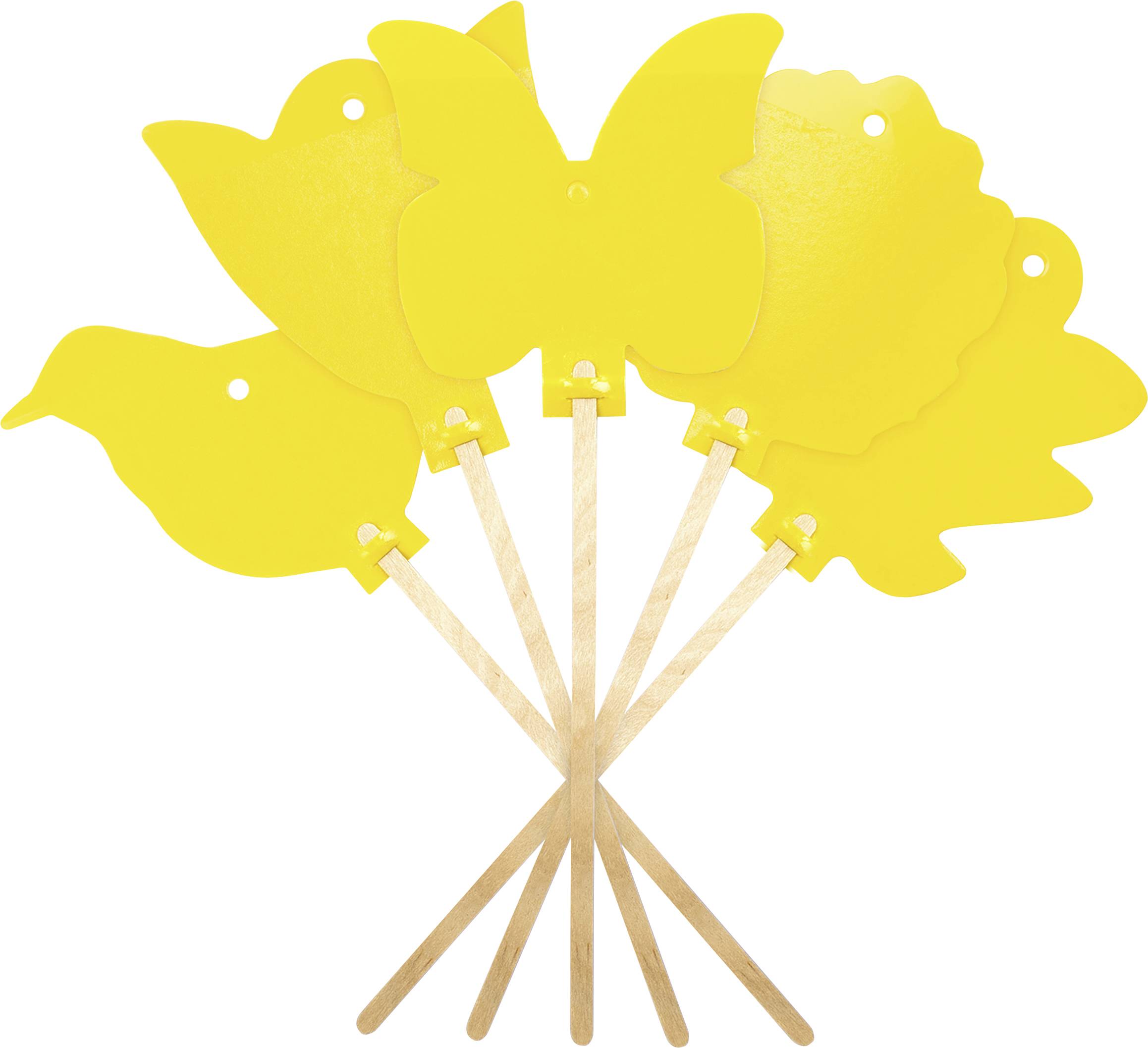 Yellow wooden puppets in various animal and flower shapes, attached to wooden sticks, photographed from above.