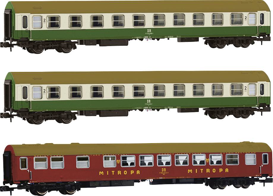 Three model railway carriages in different colours: green on top, green-beige in the middle, and red at the bottom with 'MITROPA' lettering.