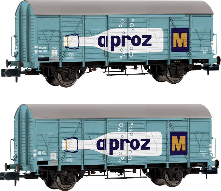 A blue goods wagon with the inscription 'aproz' and a bottle image, complemented by a large, yellow 'M'.