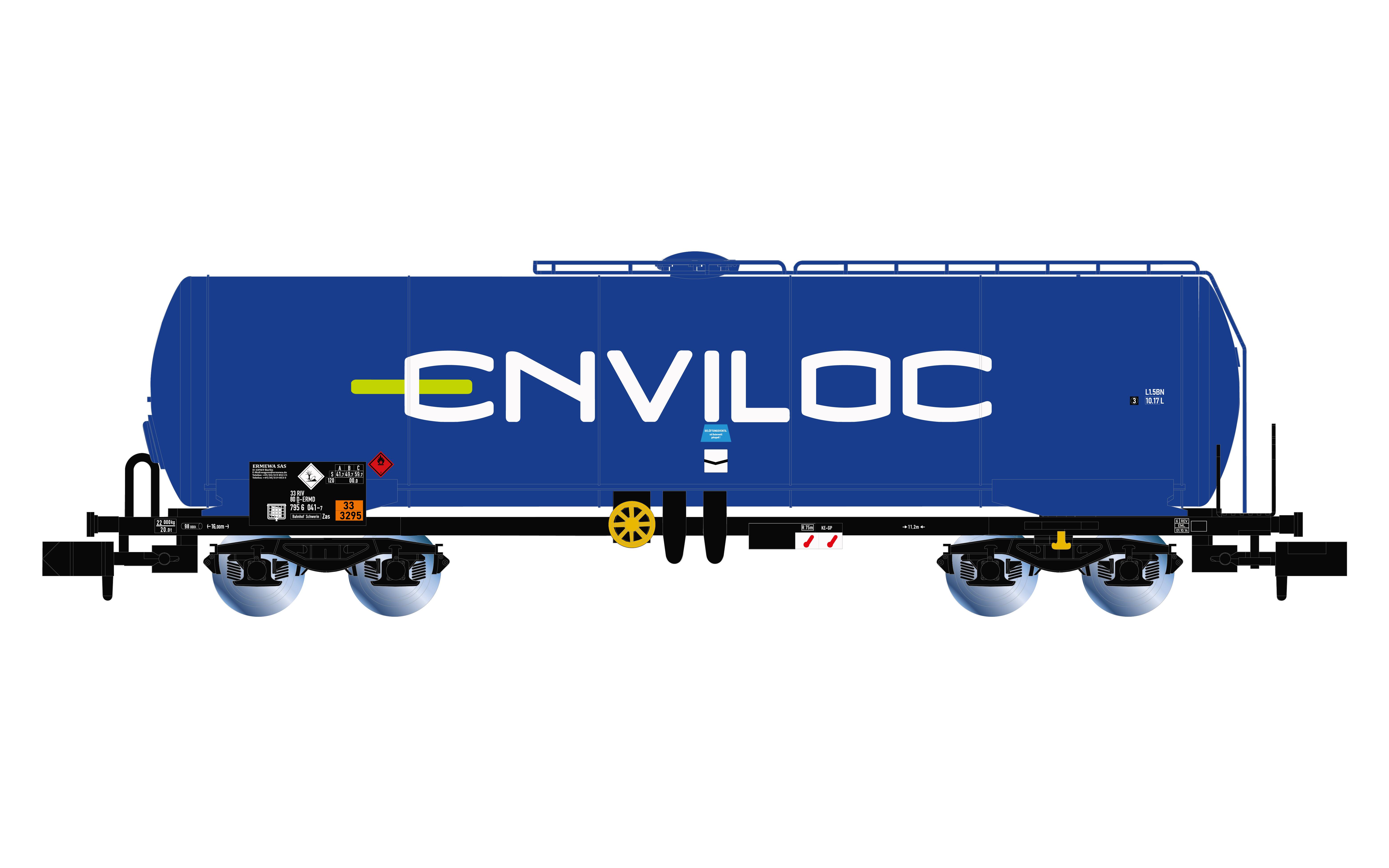 Blue tanker wagon with 'ENVILOC' written on the side, standing on railway tracks, suggesting the transport of liquids.