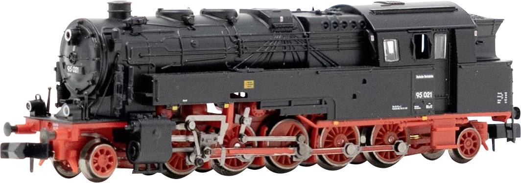 Model steam locomotive with black and red detailing, showcasing intricate wheels and mechanical parts.