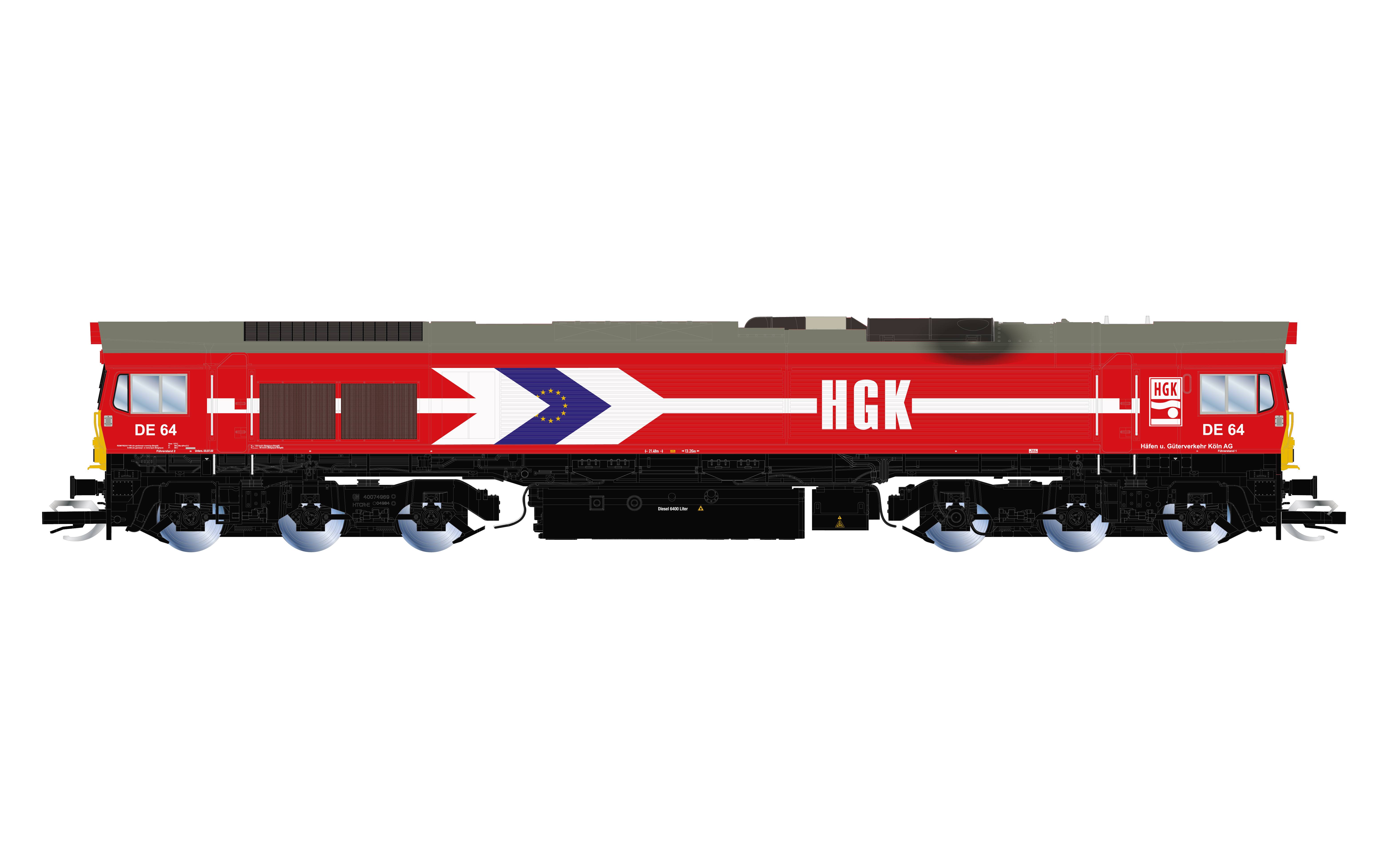 A red locomotive with a white arrow pattern and the letters 'HGK' on the side, electrically powered, against a white background.