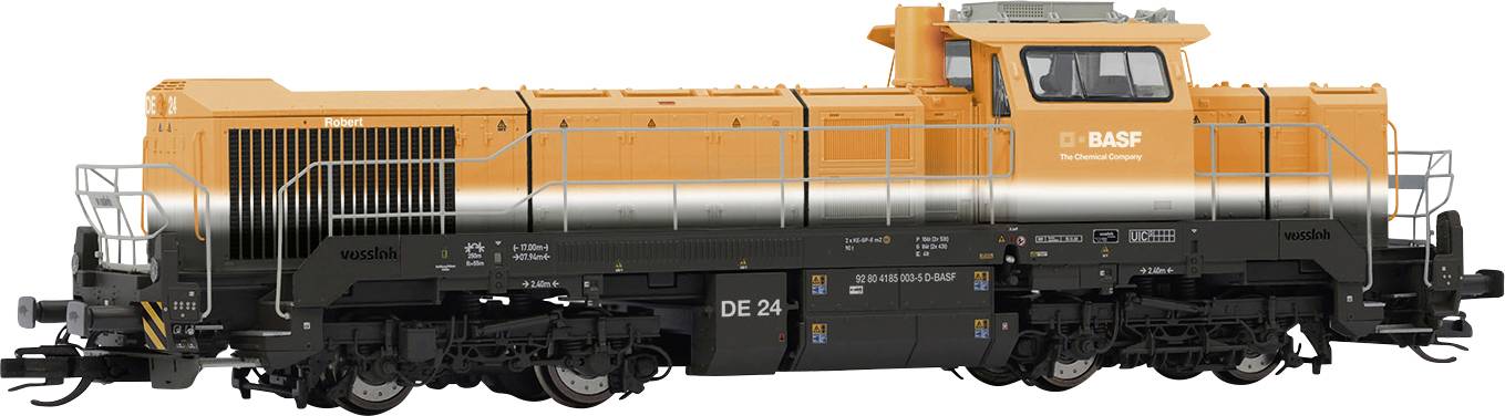 An orange and black train with 'BASF' written on its side. The train is a locomotive and is stationary against a neutral background.
