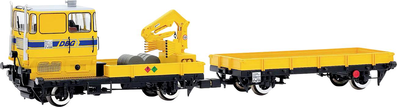 A yellow maintenance train with a small cabin, an attached crane, and an open freight cart, used for railway inspections or repairs.