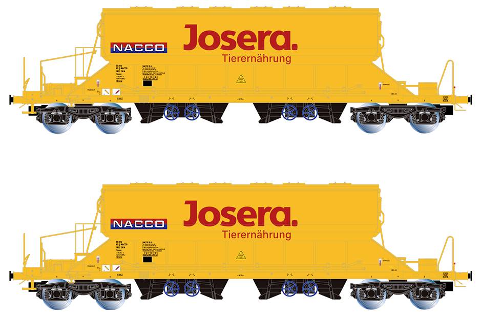 Yellow goods wagon with the inscription 'Josera. Animal Nutrition' and 'NACCO'. Wagon for transporting animal feed, shown from the side twice.