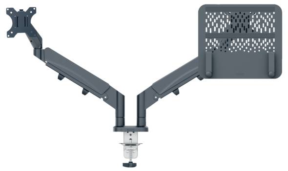 Height-adjustable monitor mount with two arms; left mount for monitor, right shelf for laptop; mounted on desk.