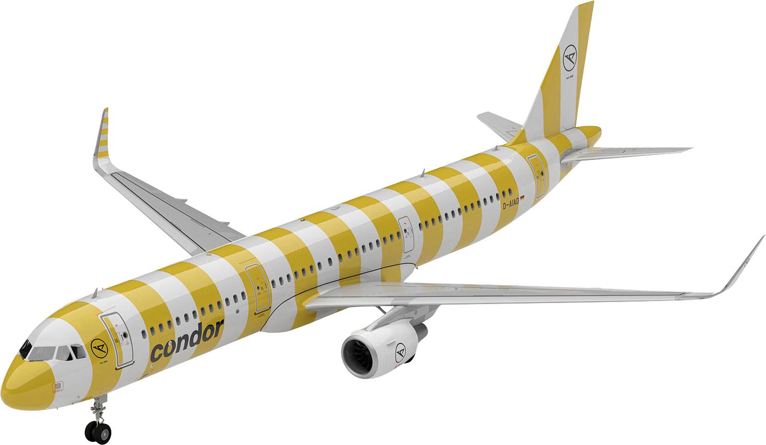 A Condor airline aircraft with a distinctive yellow and white striped livery, complemented by the Condor logo on the tail.