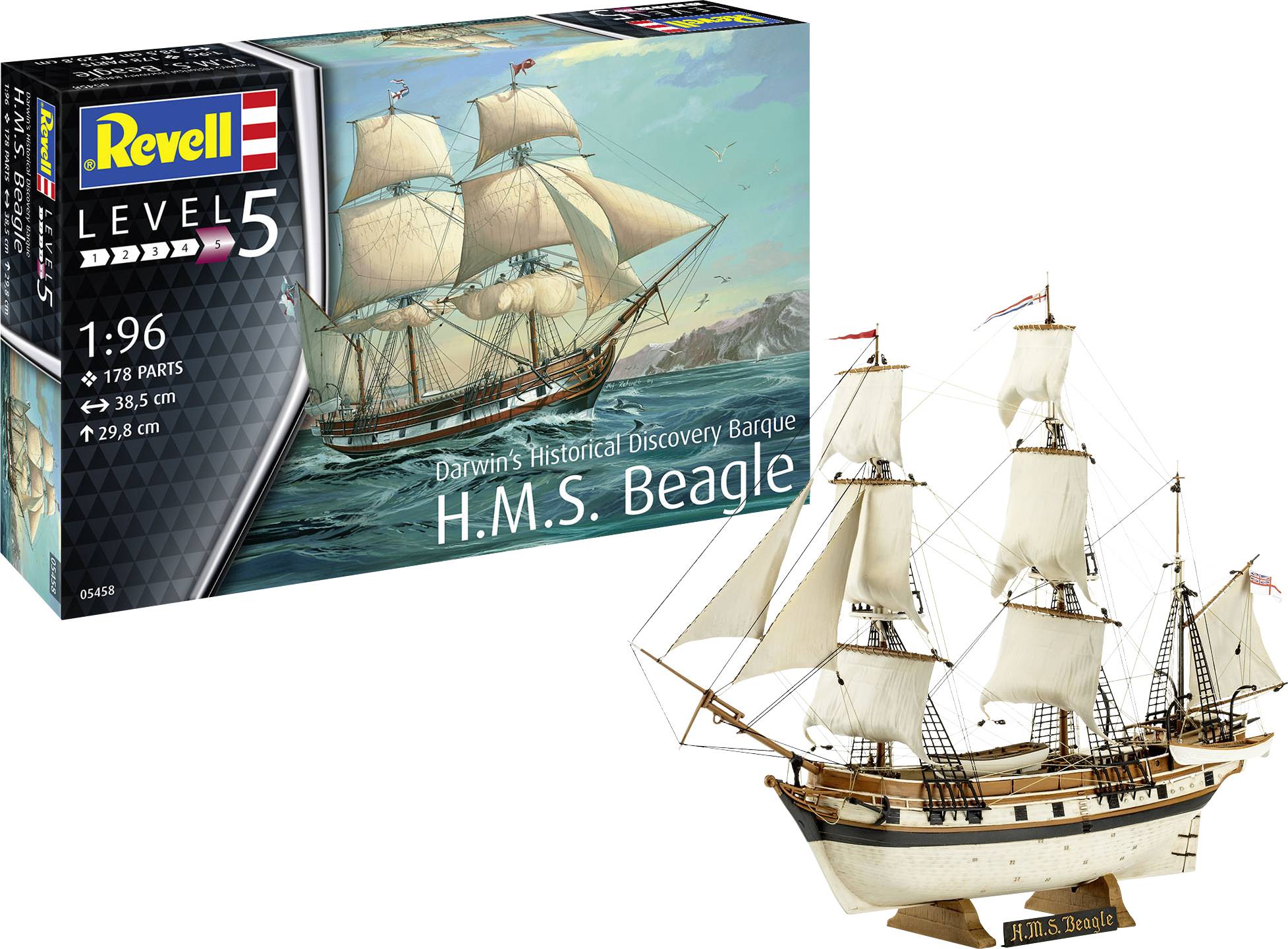 Model kit of the H.M.S. Beagle by Revell, scale 1:96, Level 5. Depicts the ship with detailed hull and sailing configuration.