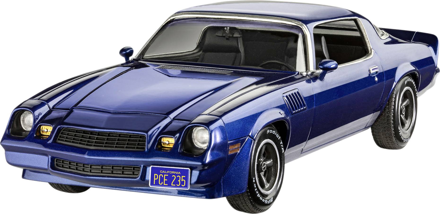 A blue sports car with black interior, parked. The number plate reads 'PCE 235'. Sporty design with a spoiler.