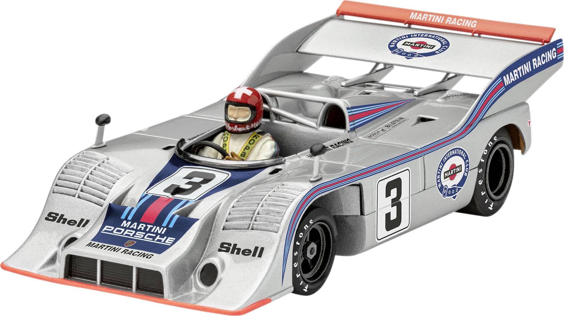 A 1:43 scale model car of a historic racing car, numbered 3, with Martini Racing decals on a silver background.