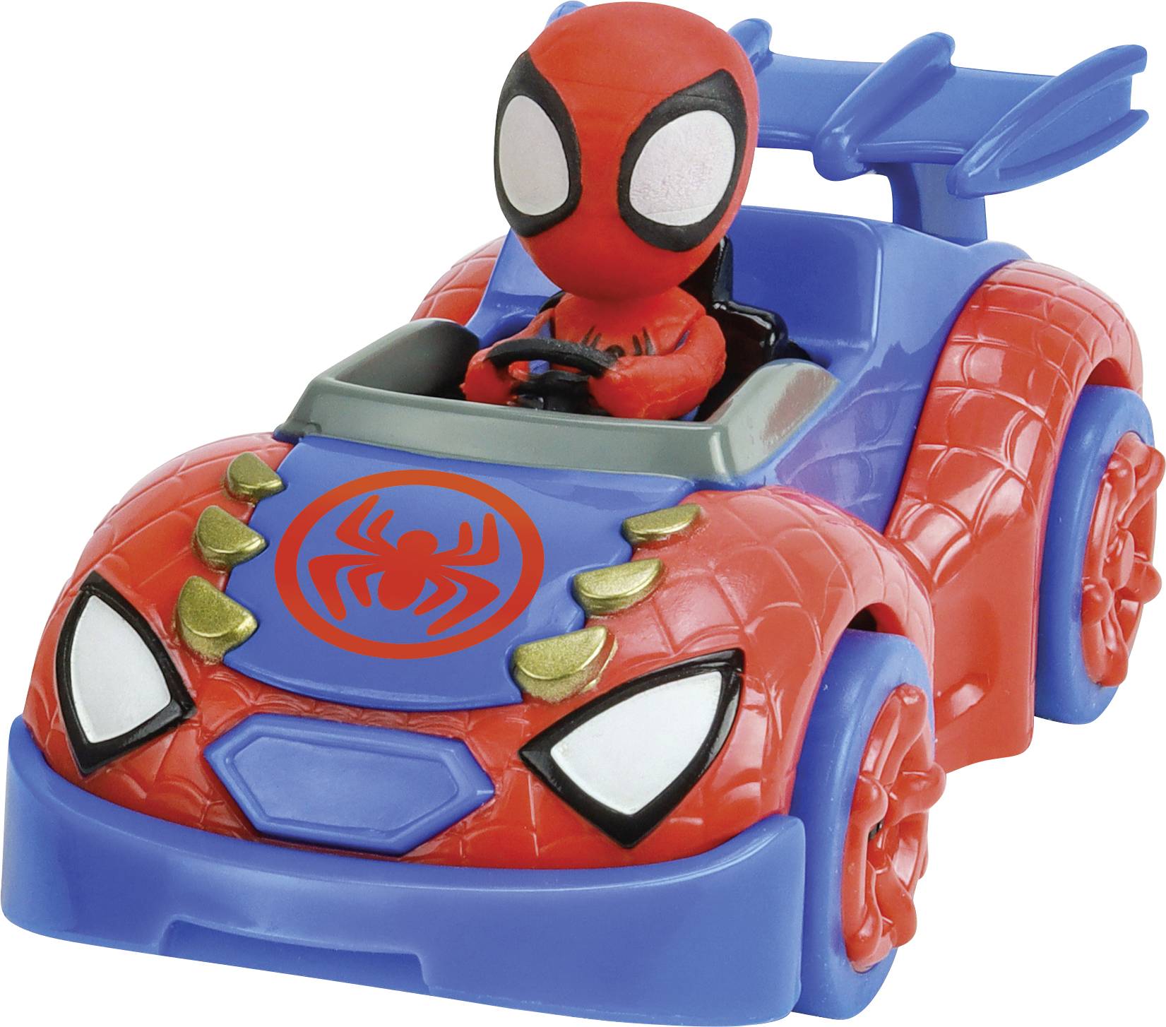 A small, red toy car with a spider motif on the front, steered by a figure in a blue-red spider costume with large eyes.