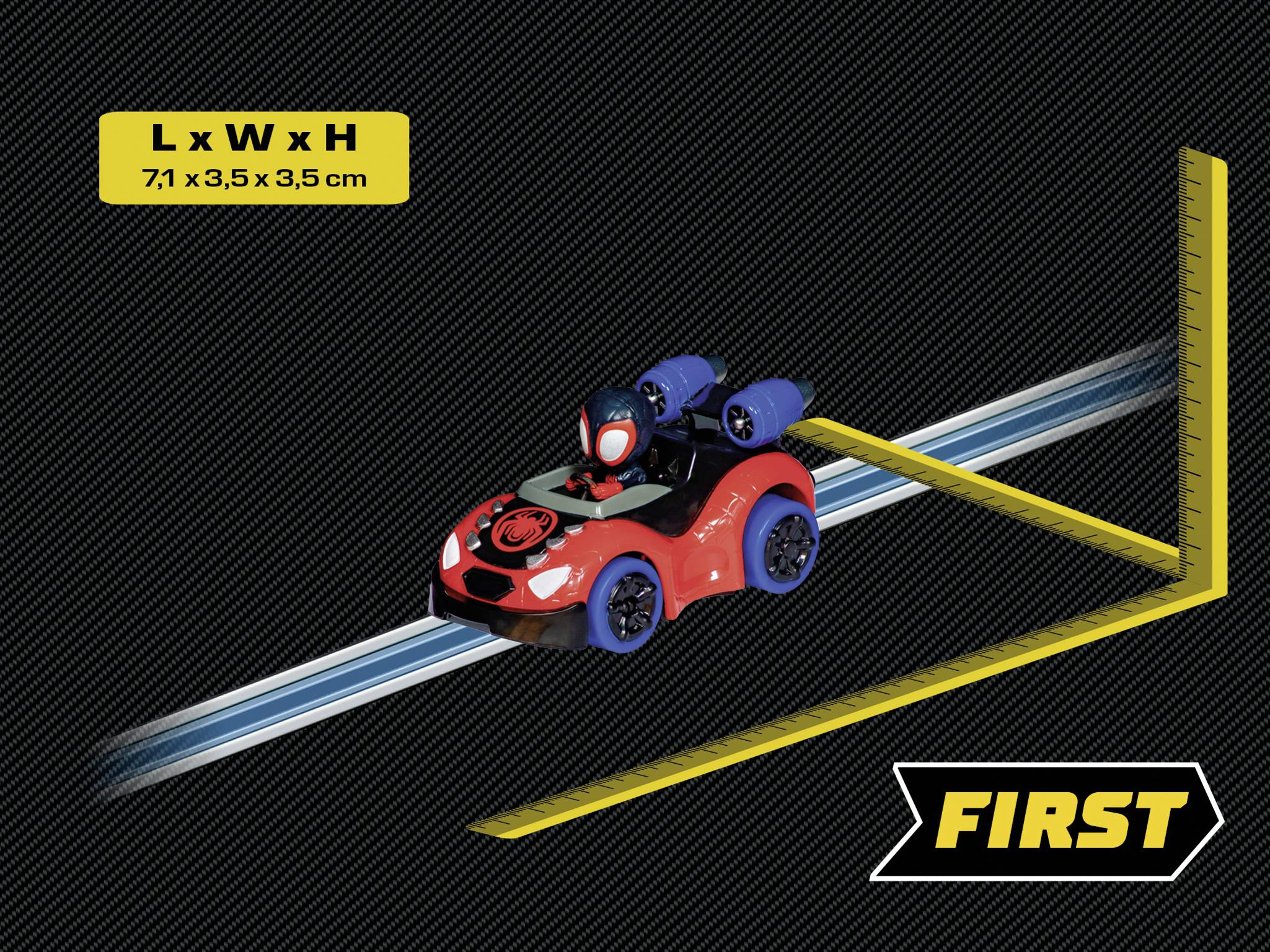 A red toy car with blue details is driving on a blue track. Top left reads 'L x W x H: 7.1 x 3.5 x 3.5 cm'. Bottom right reads 'FIRST'.