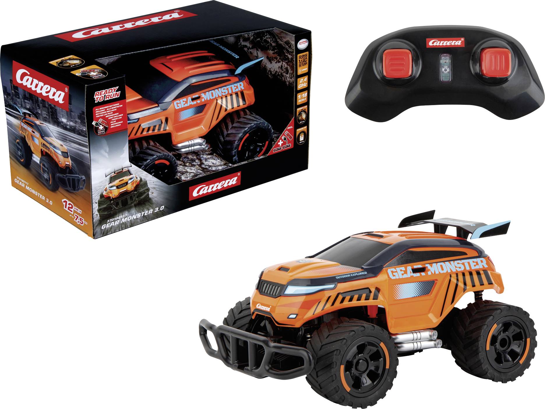 Remote-controlled orange car with large tyres, labelled 'Gear Monster'. Packaging and remote control are also shown.