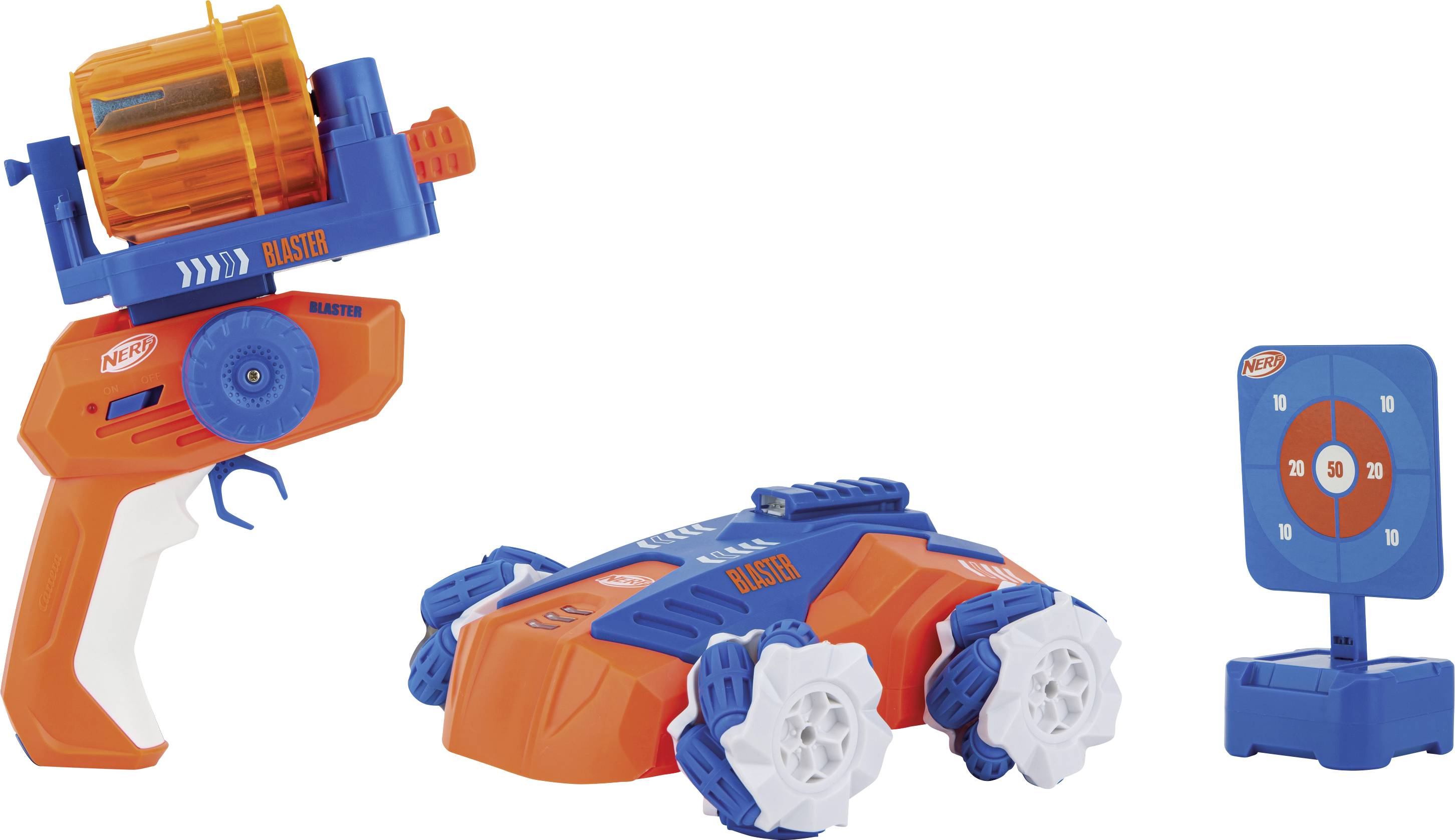 Toy blaster set with an orange and blue blaster, an orange and blue vehicle with white wheels, and a target board with numbers.