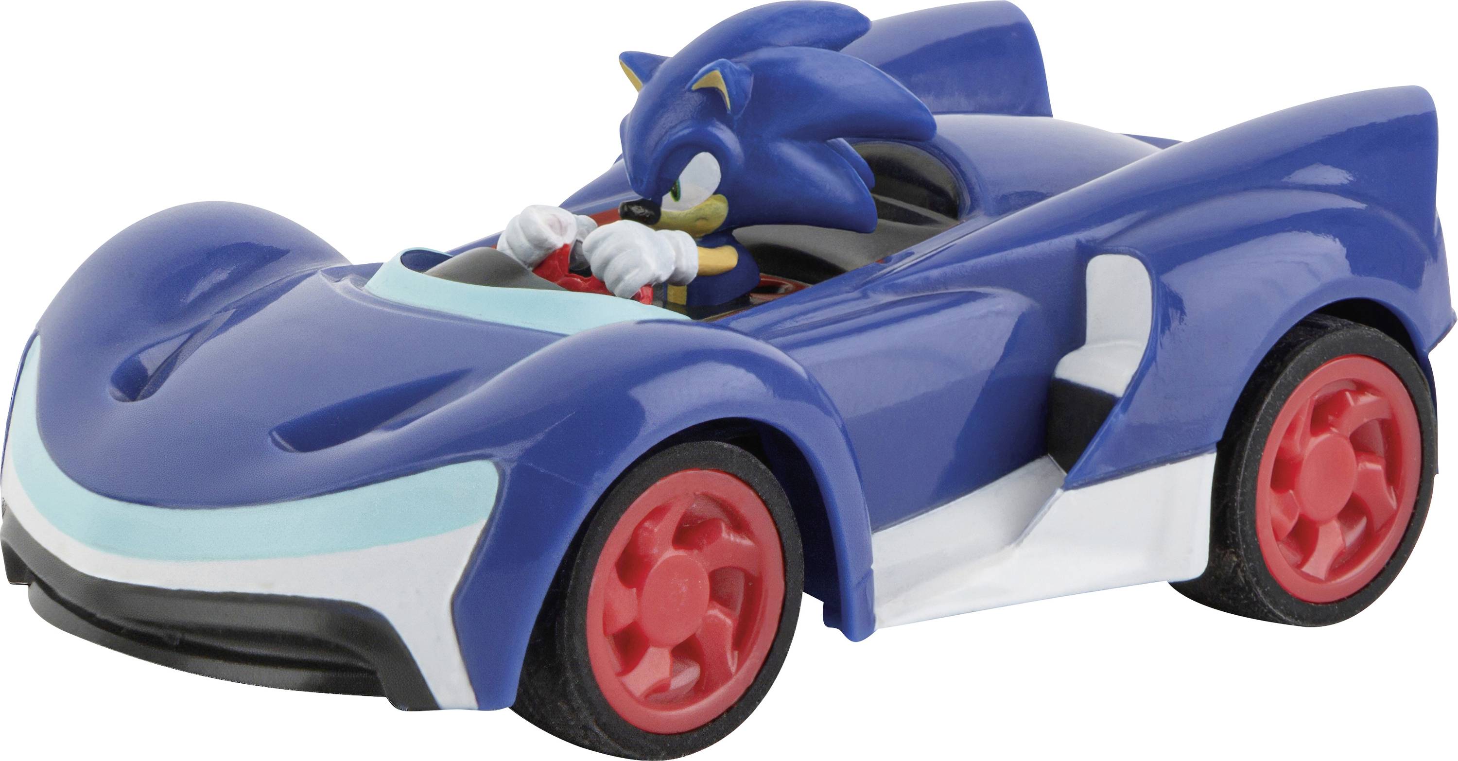 A blue toy car with red wheels and a figure with blue spikes at the wheel, similar to a famous video game character.