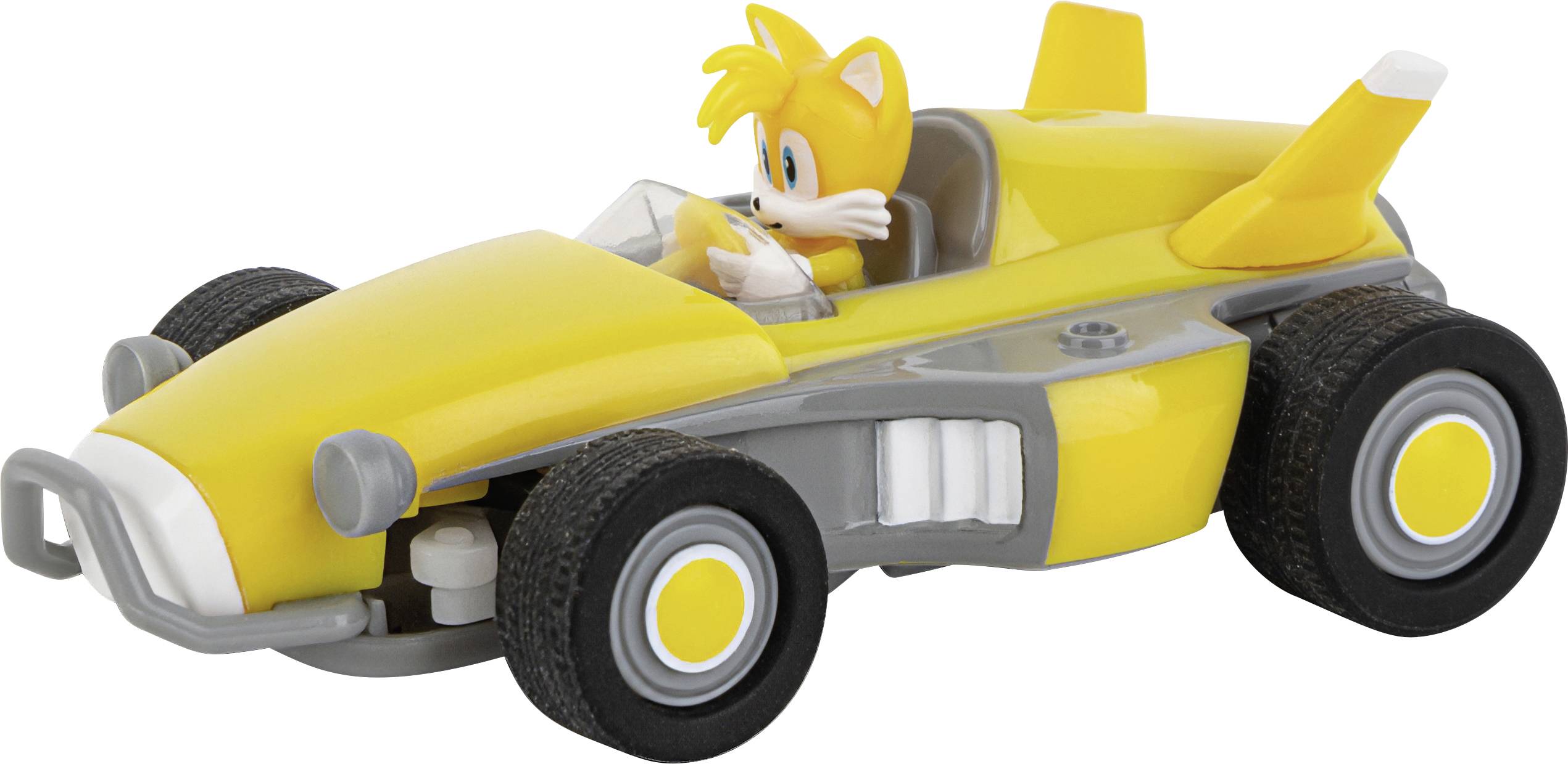 A yellow toy racing car figure with large rear wheels. An animated character with orange ears sits at the wheel of the vehicle.