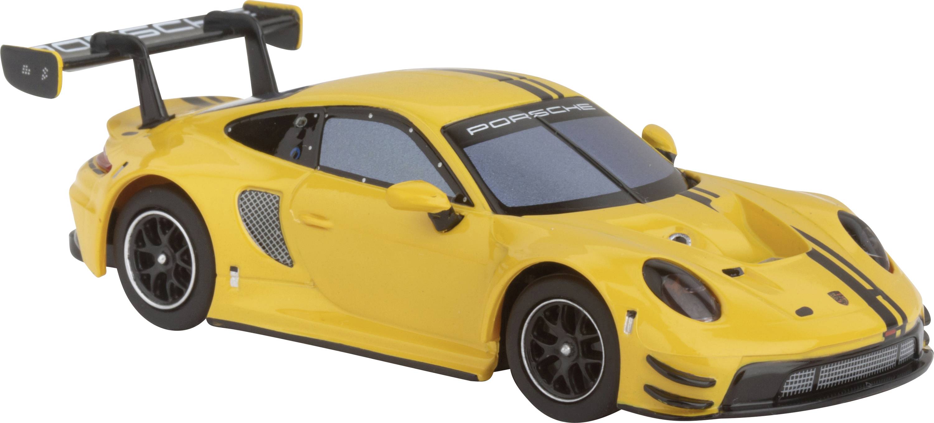 Yellow toy car with a black spoiler and stripes, model based on a Porsche design. Realistically designed with detailed features.