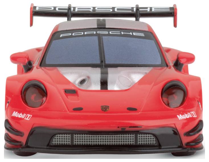 Red toy car with Porsche logo on bonnet and spoiler, black accents, closed windows.
