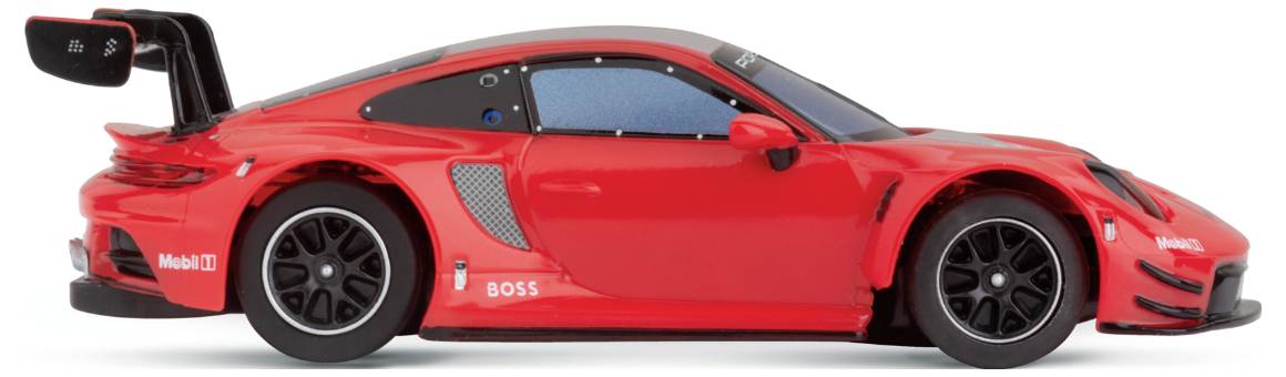 Red toy car in the style of a modern sports car with black racing stripes, recognisable by its large rear spoiler and detailed features.