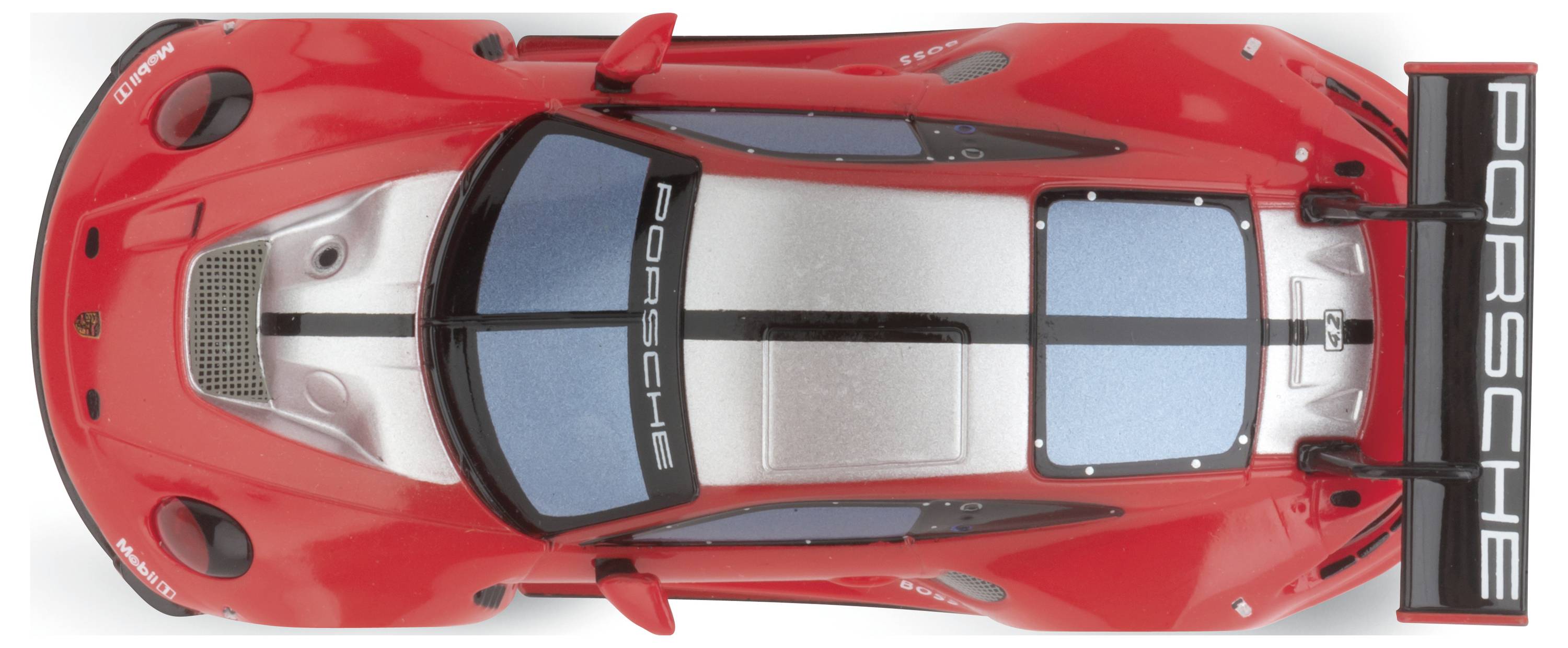 Red model car from above, printed with 'Porsche'. Racing stripes in the middle, spoiler at the rear.