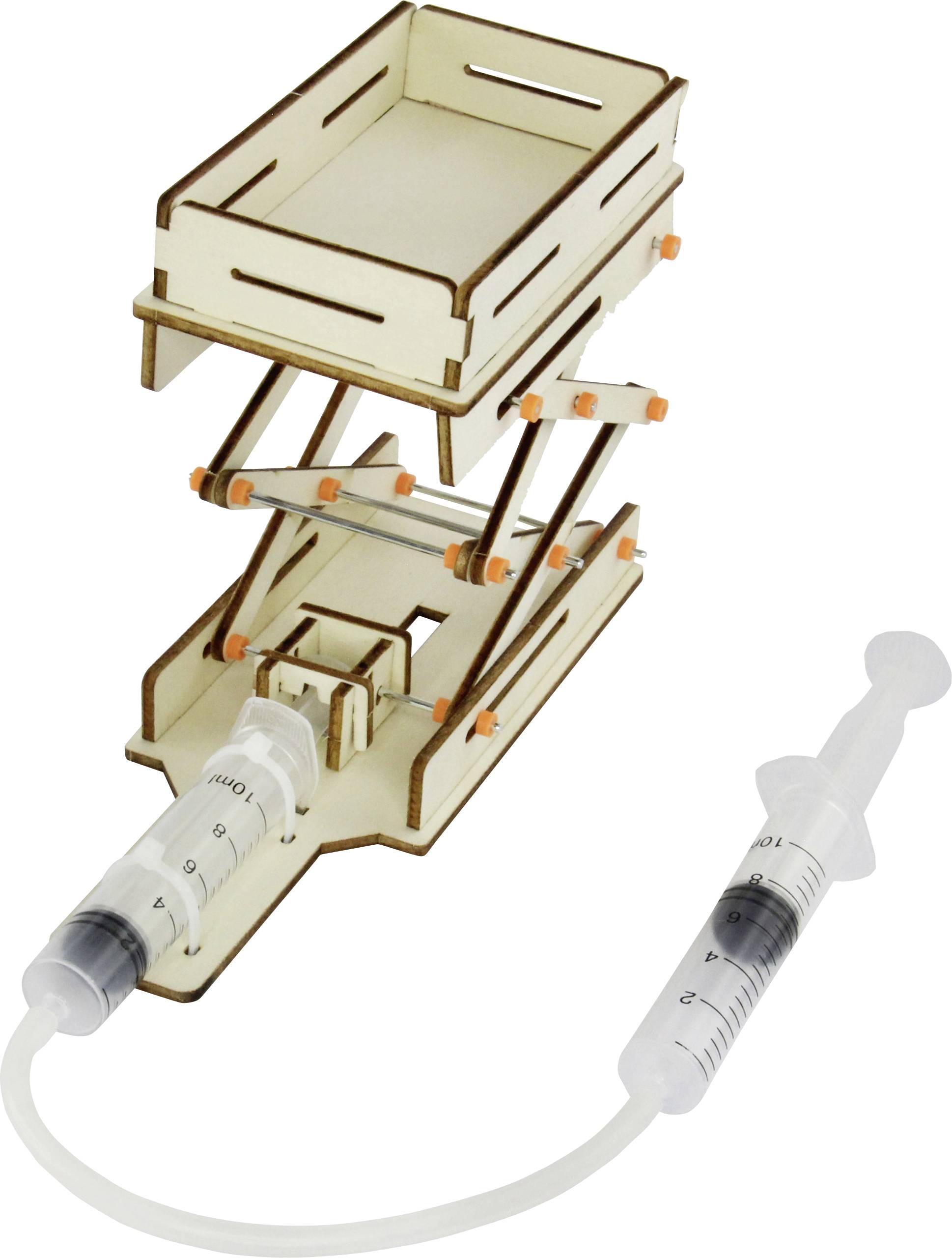 A hydraulic model made of wood with syringes, demonstrating how liquid pressure creates movement in a scissor lift.