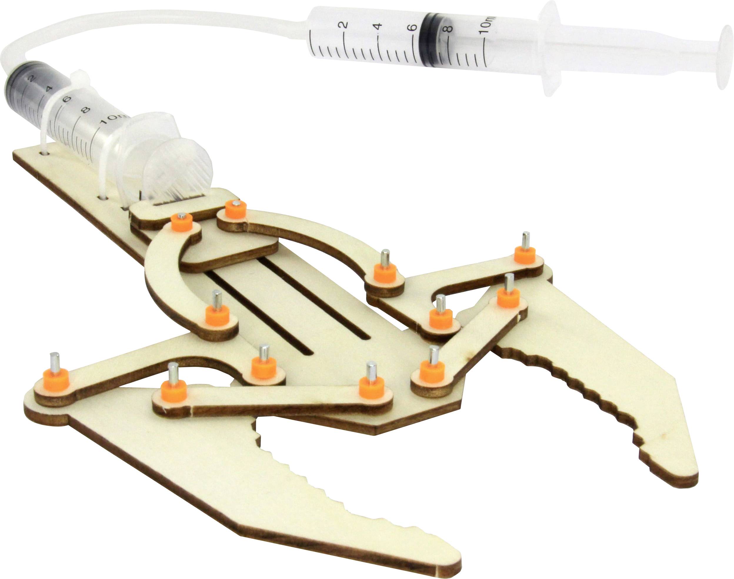 Model of a mechanical gripper arm with wooden and plastic components. The arm is moved by hydraulic syringes.