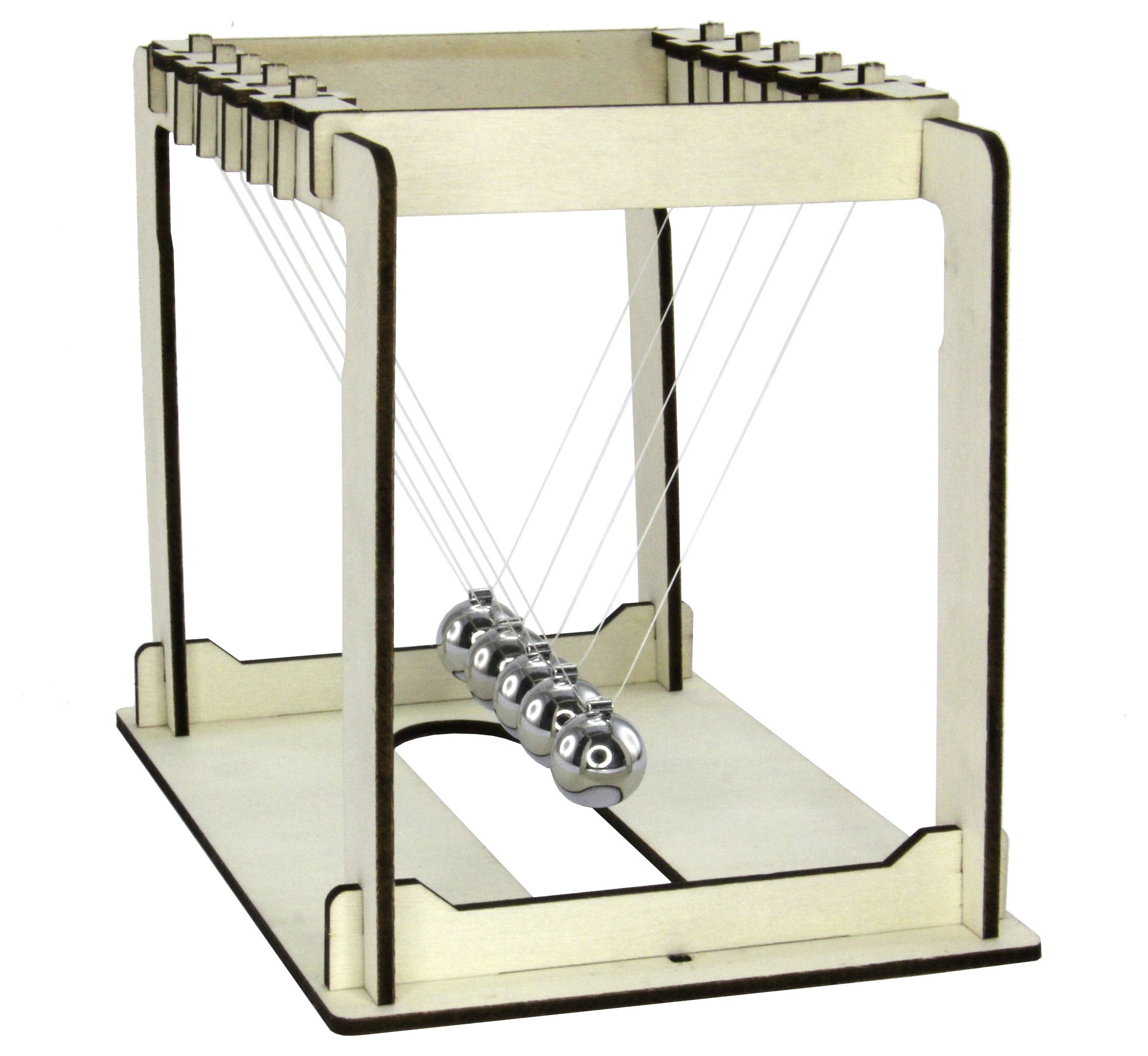 A wooden Newton's pendulum with five metal balls suspended on strings. When one ball is released, it strikes the next balls.
