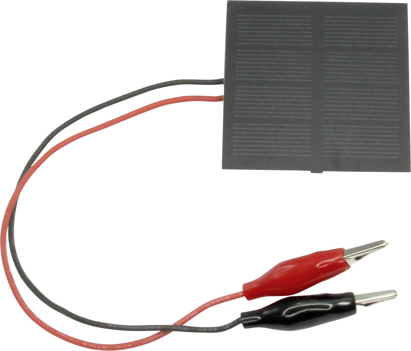A small square solar panel with two cables, one red and one black, terminating in crocodile clips for electrical connections.