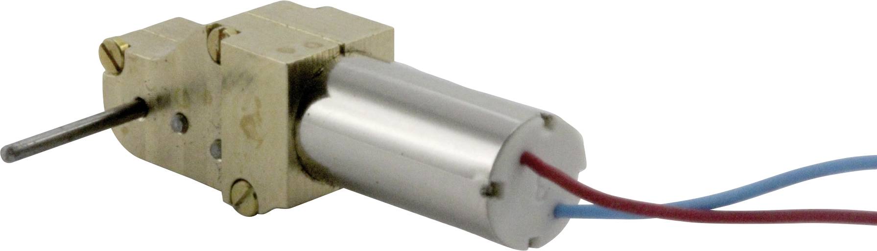 A small electric motor with a cylindrical casing and a protruding shaft, connected with red and blue wires.