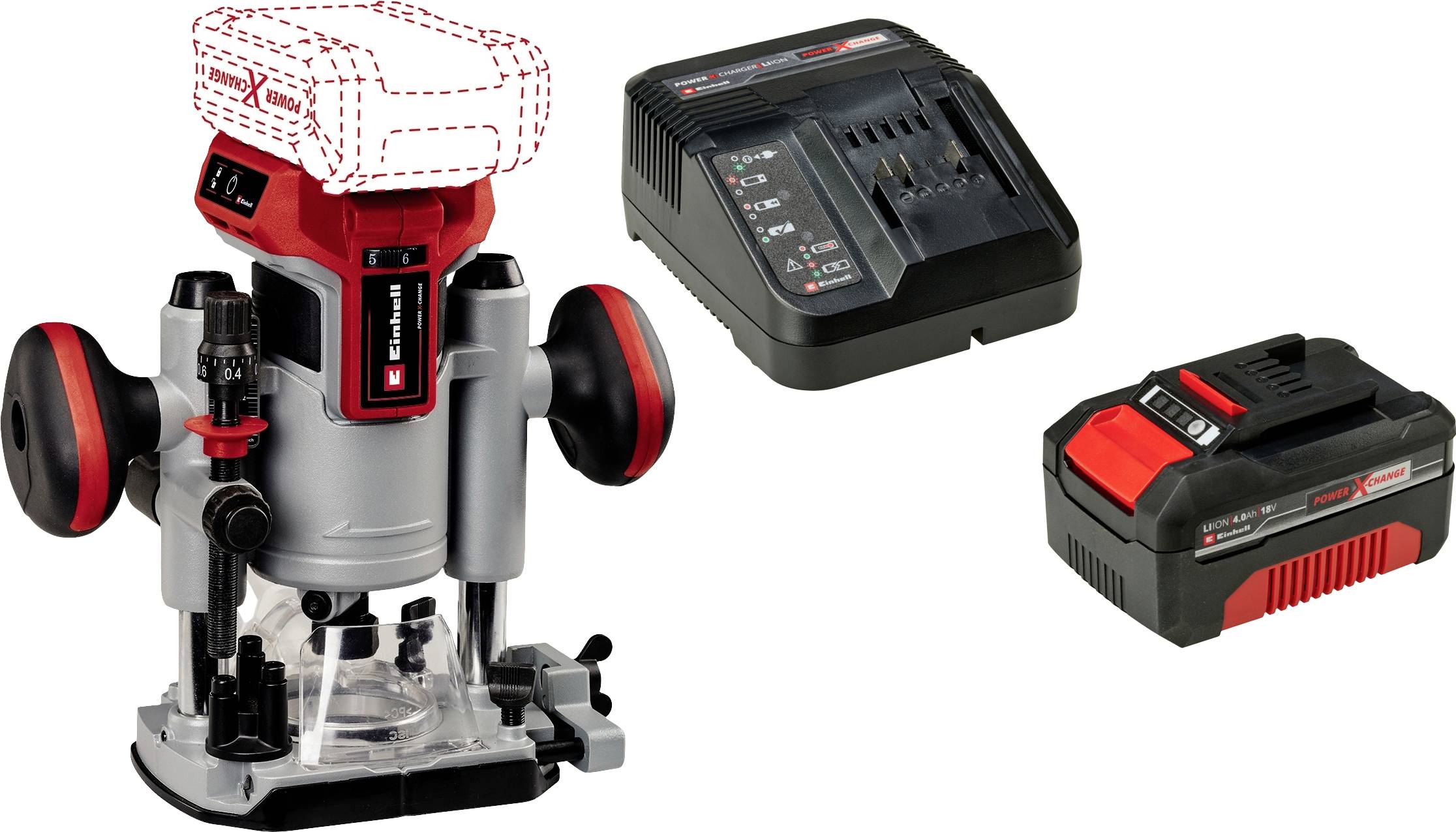 Cordless Router with Charger and Battery. Tool for precise routing in wood, with side handles for improved control.