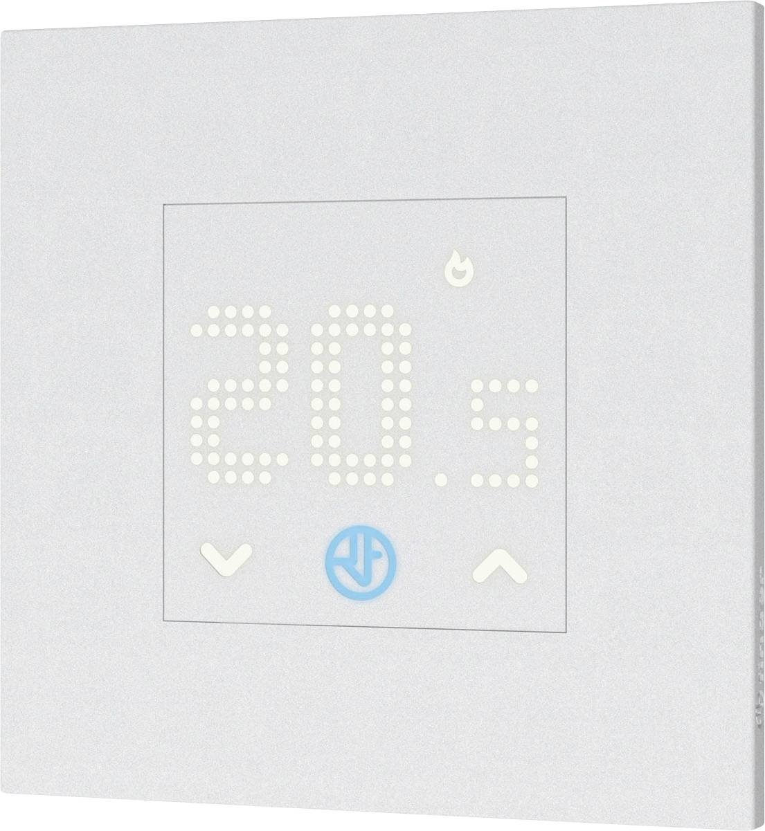 Digital thermostat displaying '20.5'. Temperature control buttons beneath. Display shows glowing flame symbol.